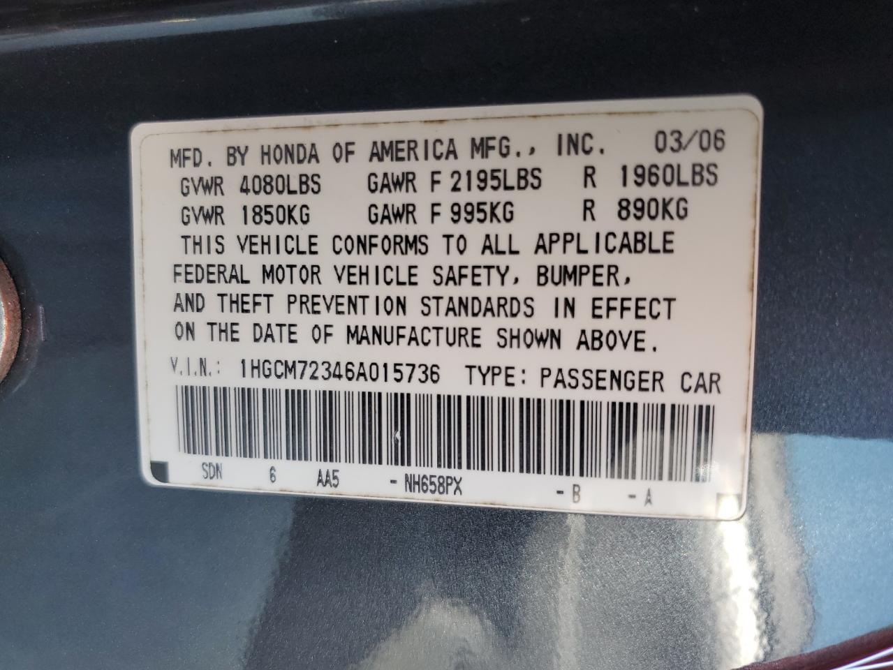 Photo 11 VIN: 1HGCM72346A015736 - HONDA ACCORD 