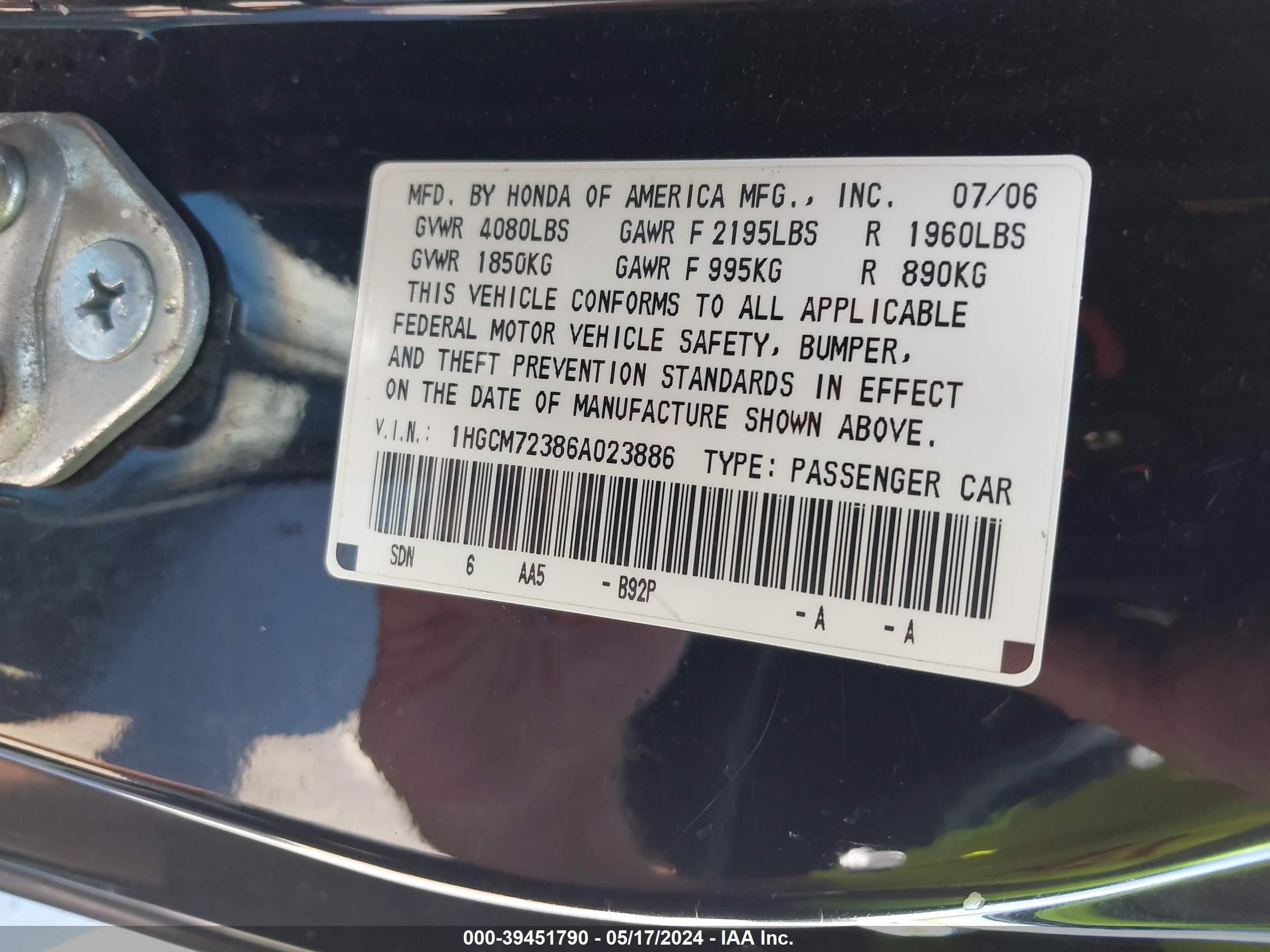 Photo 17 VIN: 1HGCM72386A023886 - HONDA ACCORD 