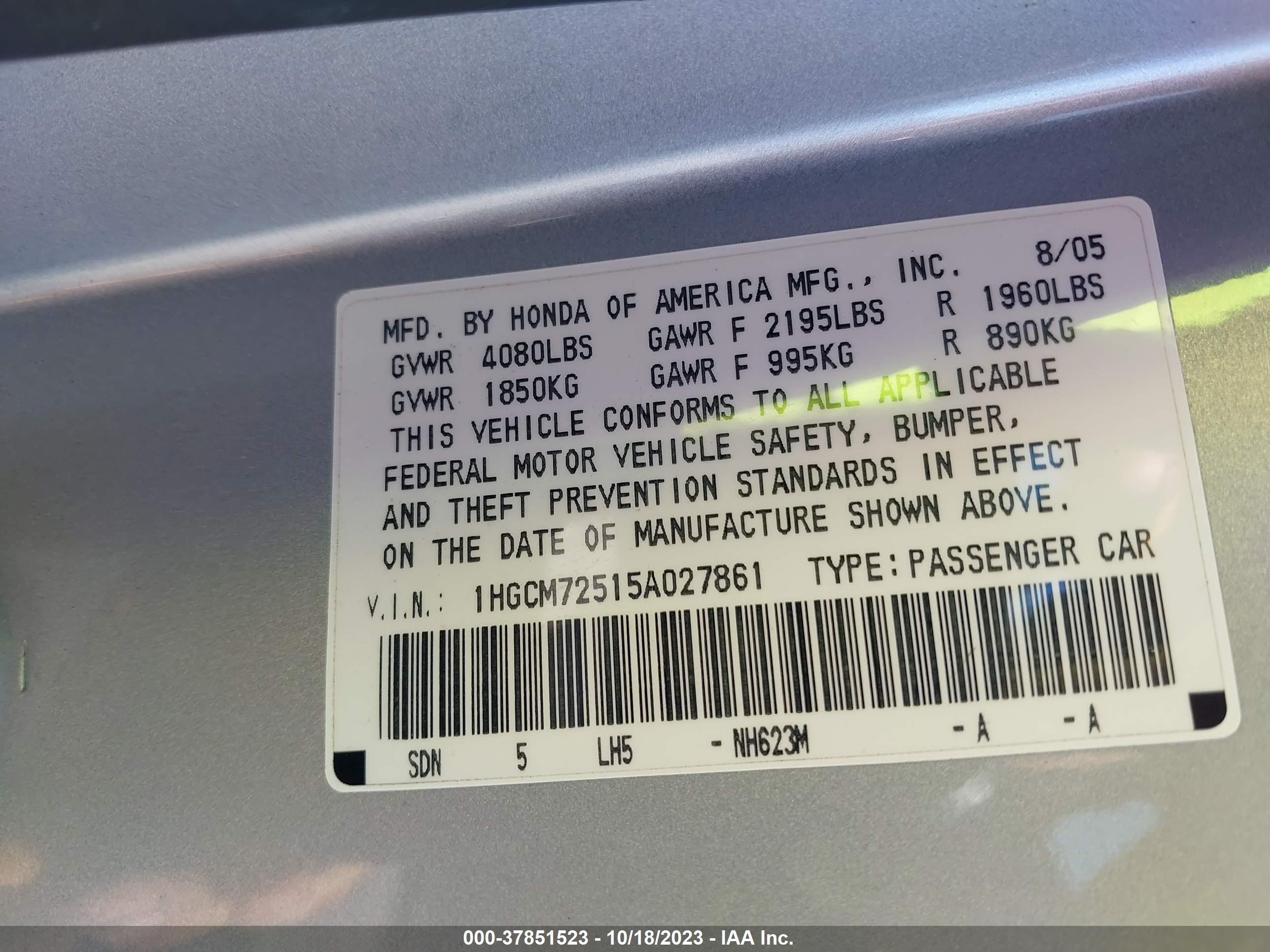 Photo 8 VIN: 1HGCM72515A027861 - HONDA ACCORD 