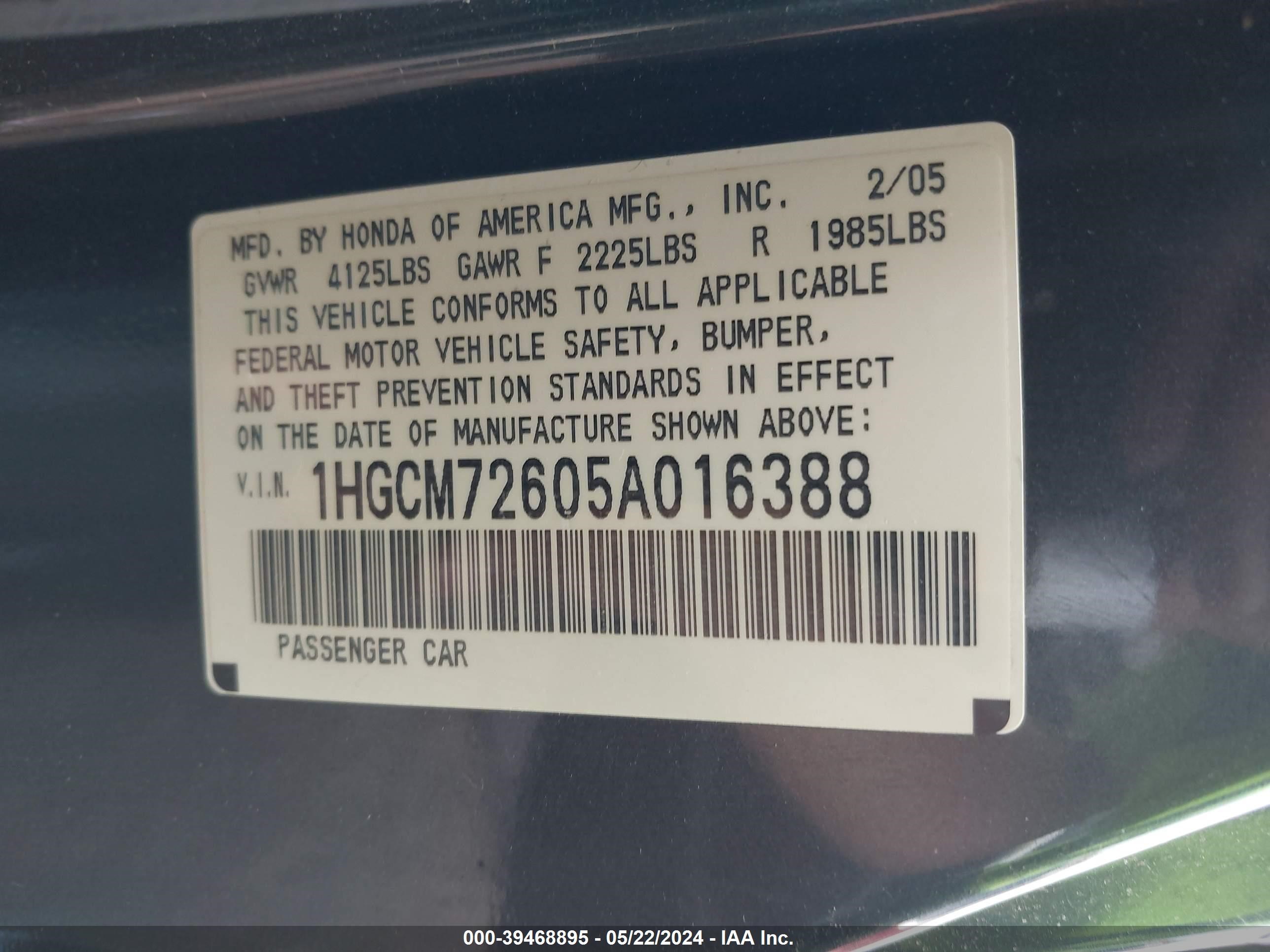 Photo 8 VIN: 1HGCM72605A016388 - HONDA ACCORD 