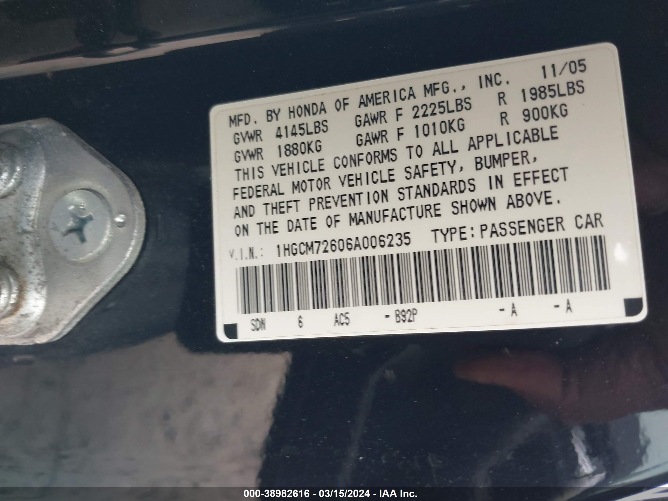 Photo 8 VIN: 1HGCM72606A006235 - HONDA ACCORD 