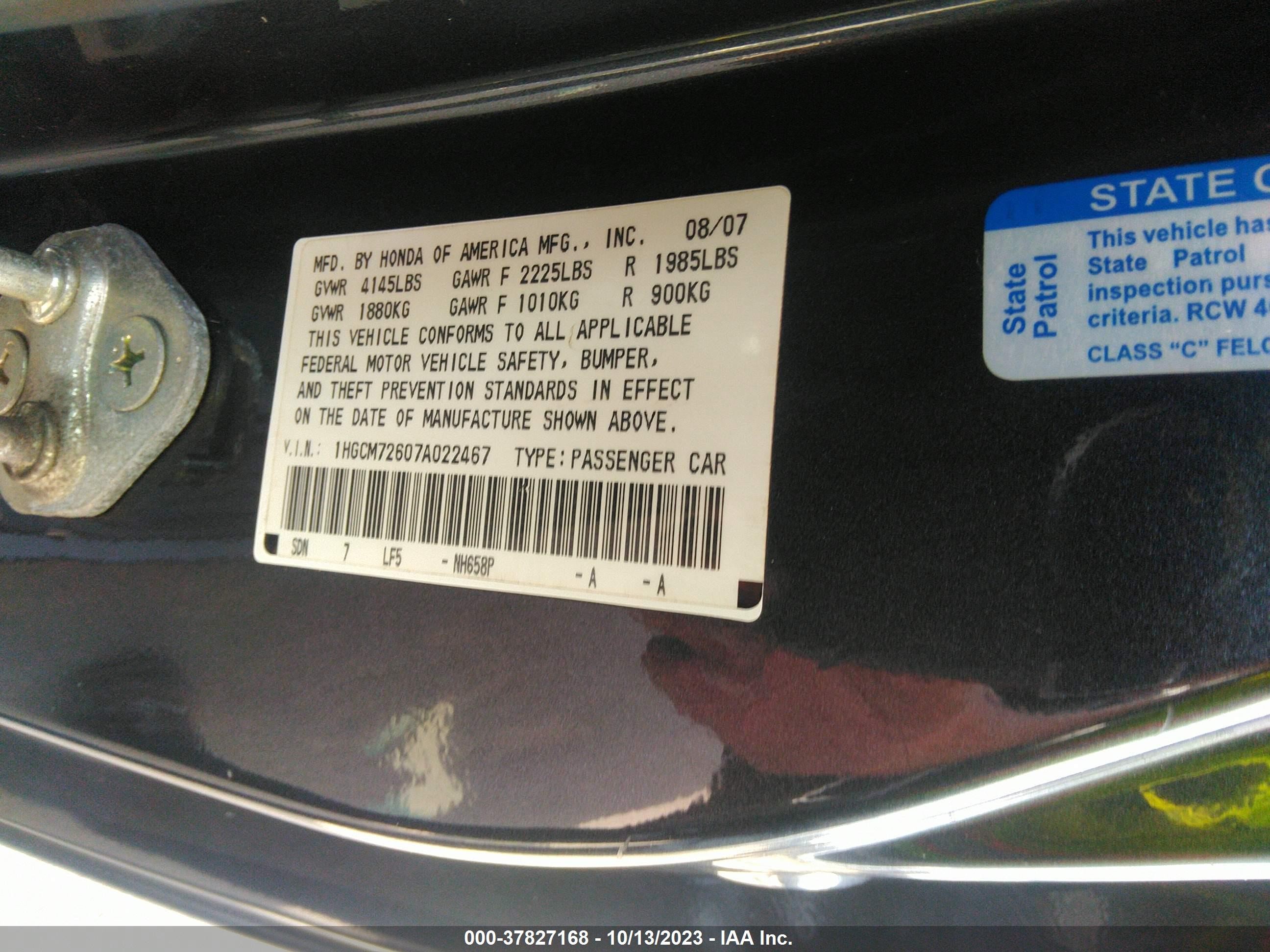 Photo 8 VIN: 1HGCM72607A022467 - HONDA ACCORD 