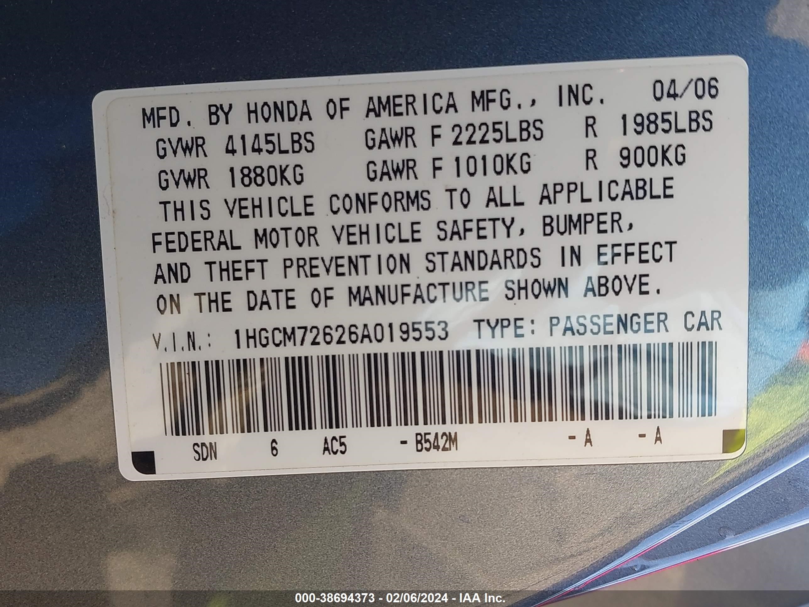 Photo 8 VIN: 1HGCM72626A019553 - HONDA ACCORD 