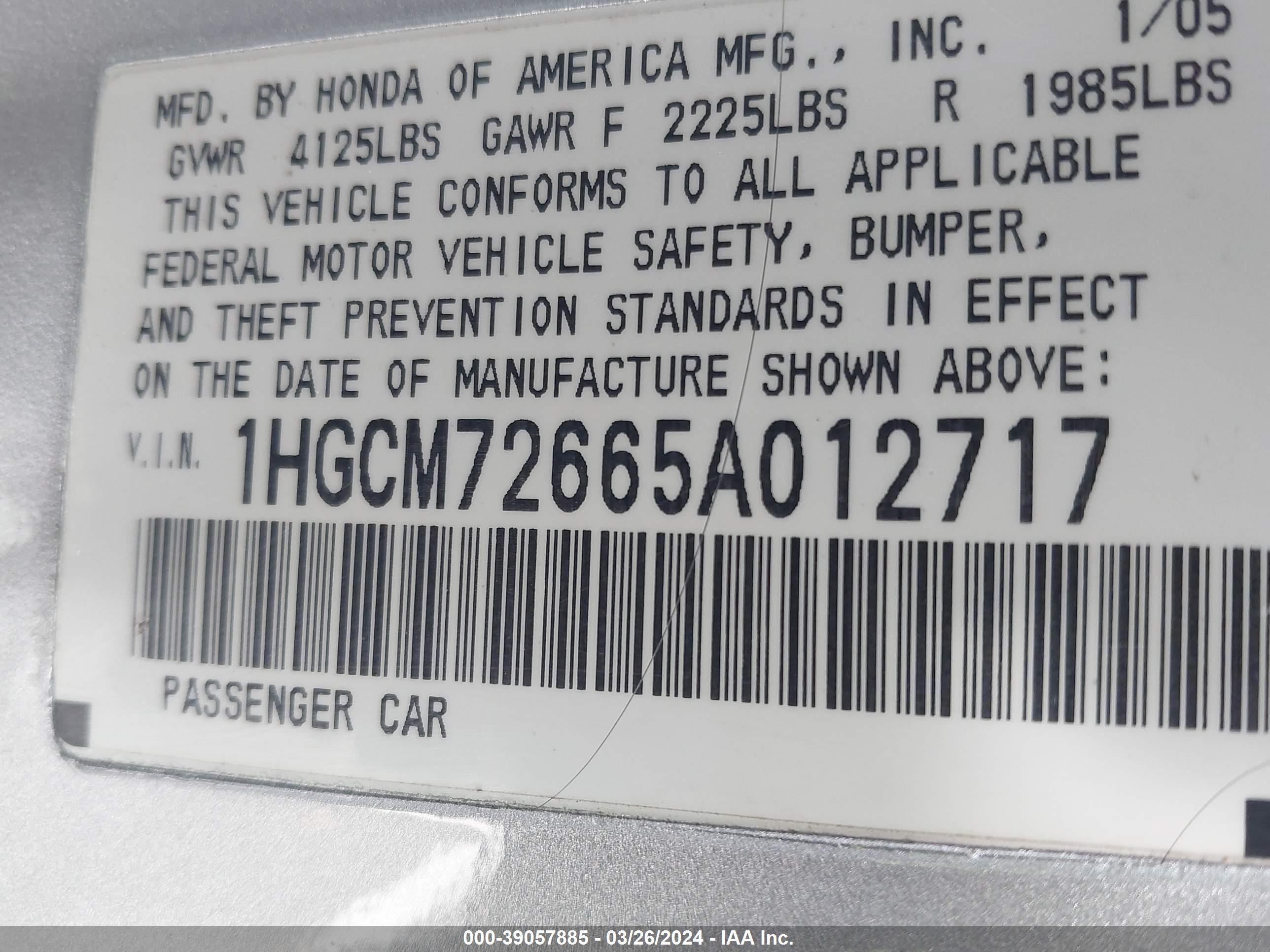 Photo 8 VIN: 1HGCM72665A012717 - HONDA ACCORD 