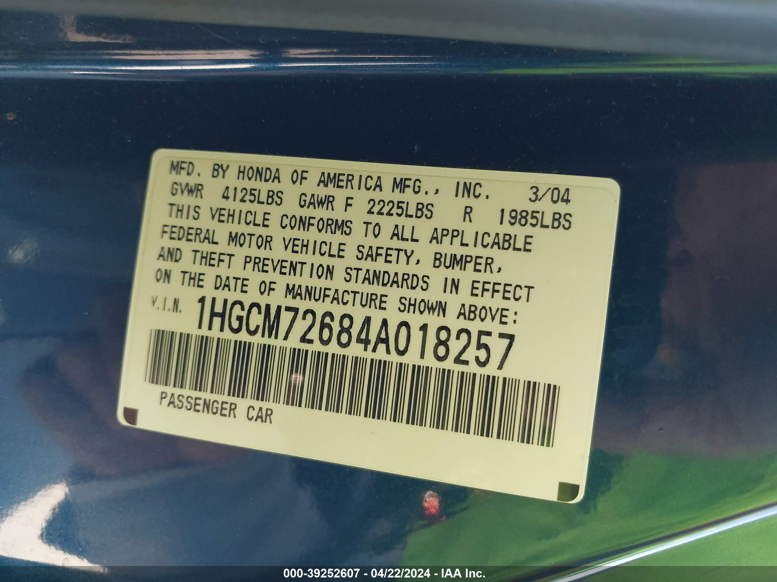 Photo 8 VIN: 1HGCM72684A018257 - HONDA ACCORD 