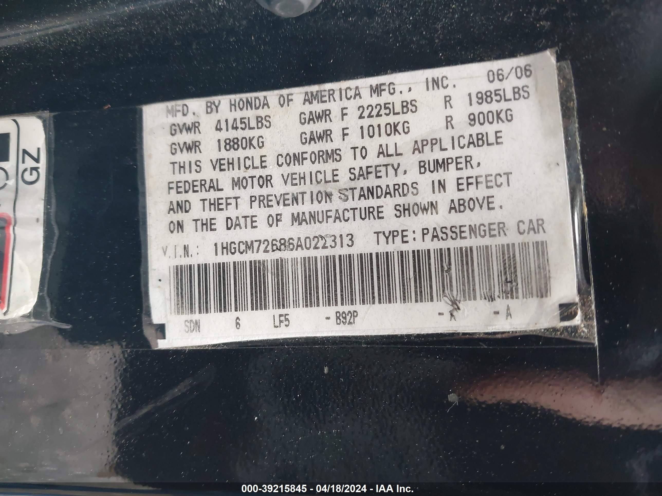 Photo 8 VIN: 1HGCM72686A022313 - HONDA ACCORD 