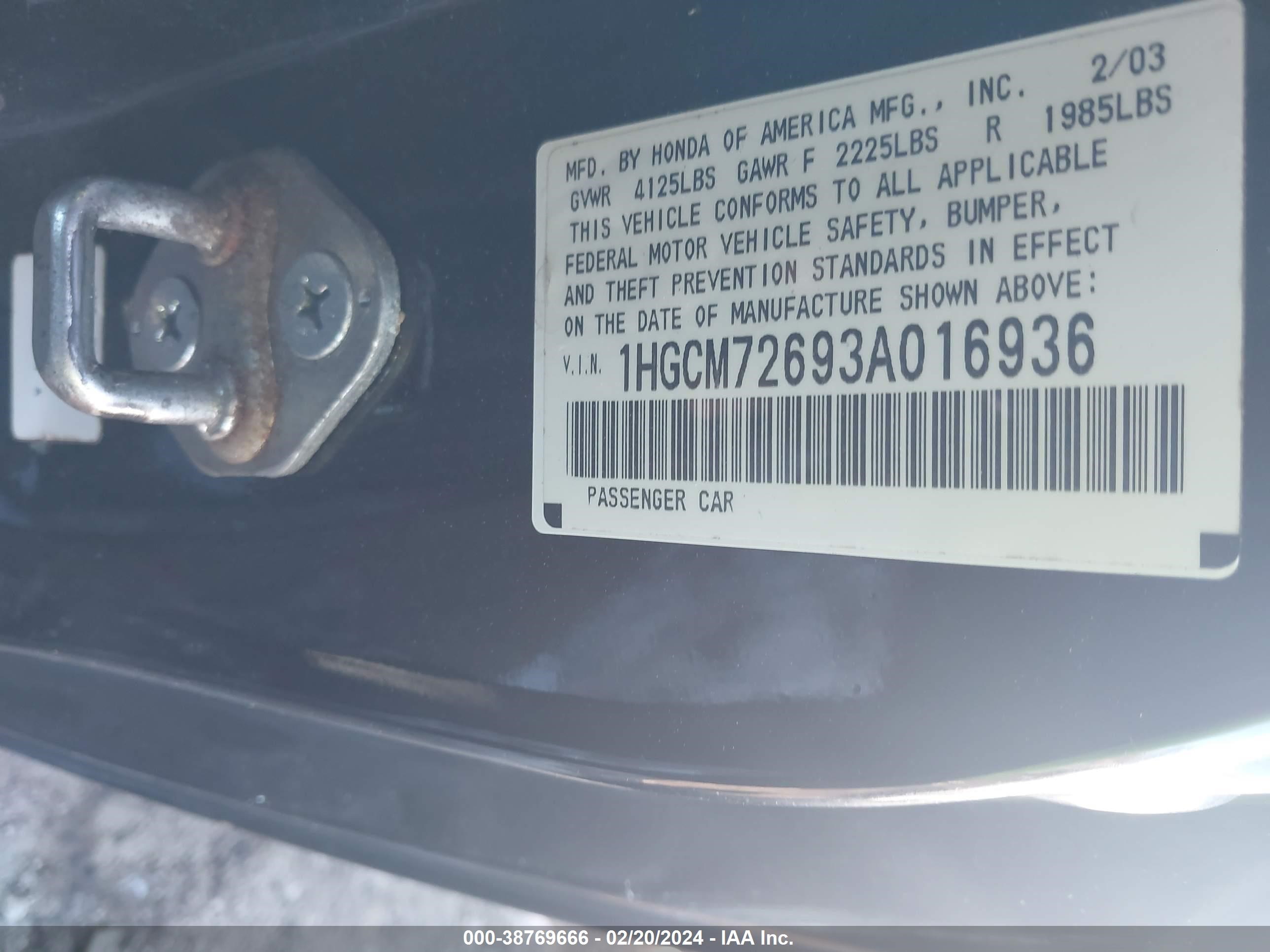 Photo 8 VIN: 1HGCM72693A016936 - HONDA ACCORD 