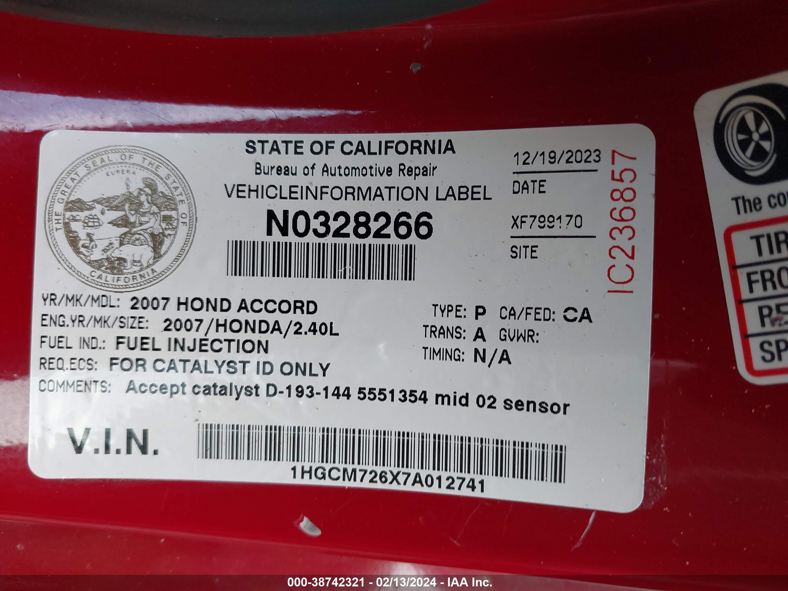 Photo 8 VIN: 1HGCM726X7A012741 - HONDA ACCORD 