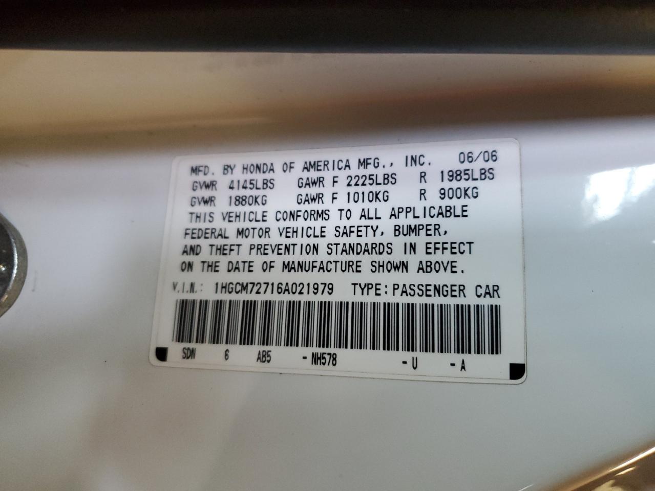 Photo 11 VIN: 1HGCM72716A021979 - HONDA ACCORD 