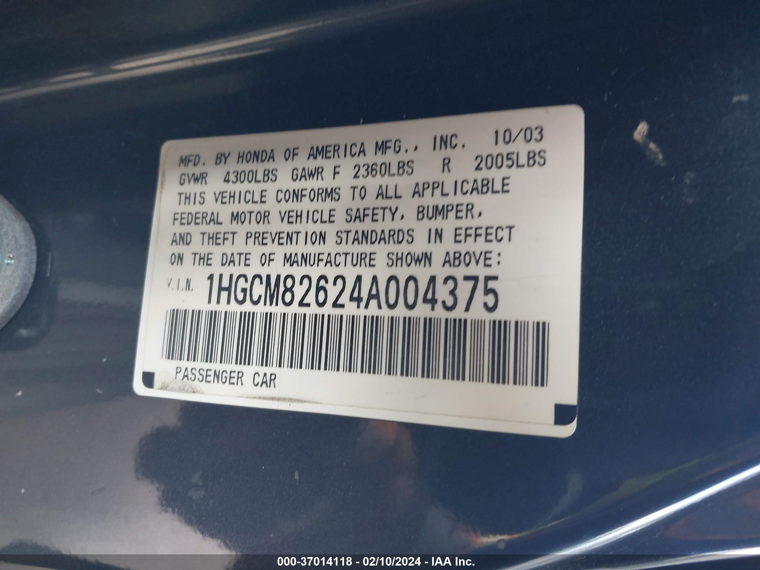 Photo 8 VIN: 1HGCM82624A004375 - HONDA ACCORD 