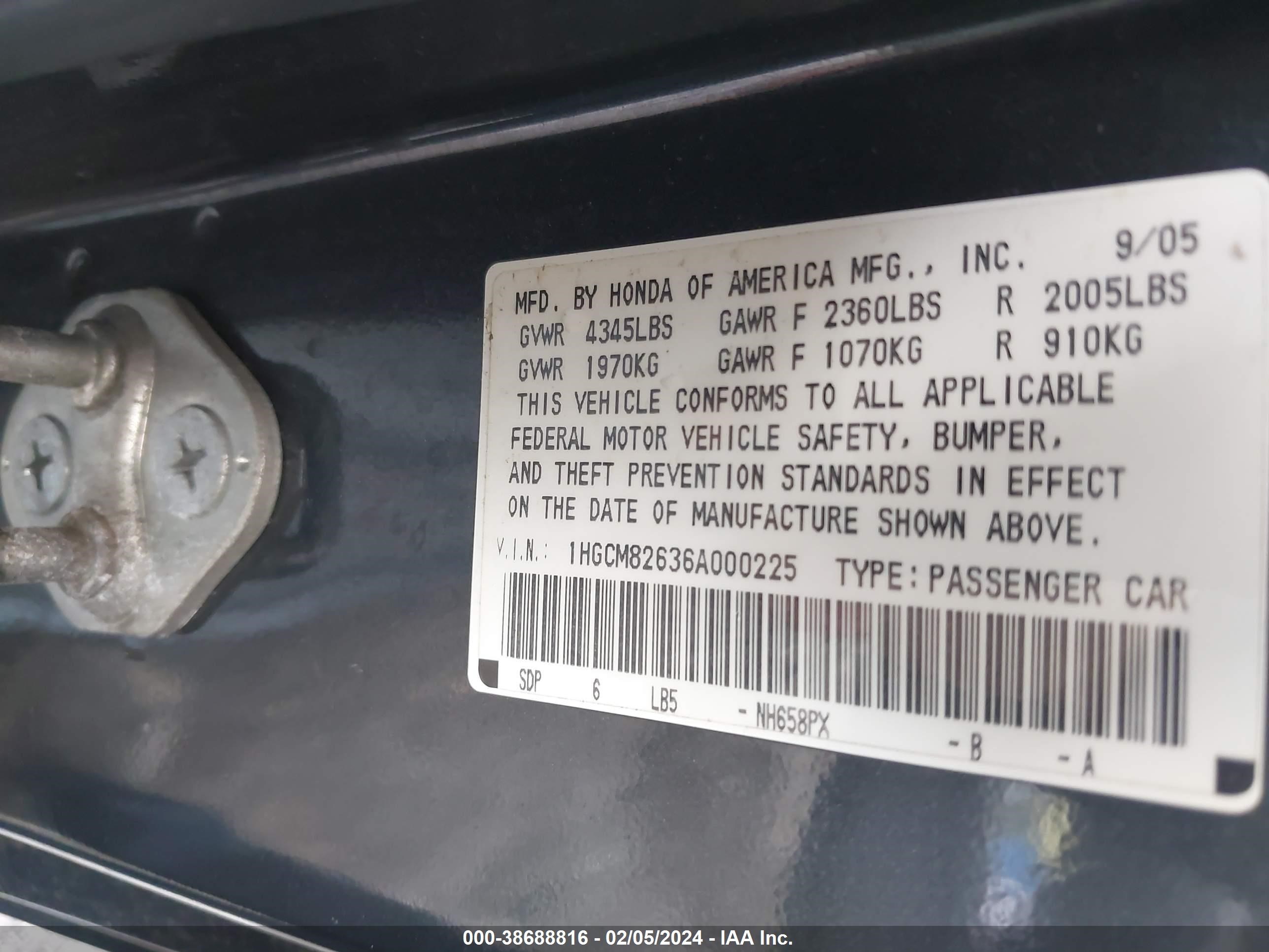 Photo 8 VIN: 1HGCM82636A000225 - HONDA ACCORD 