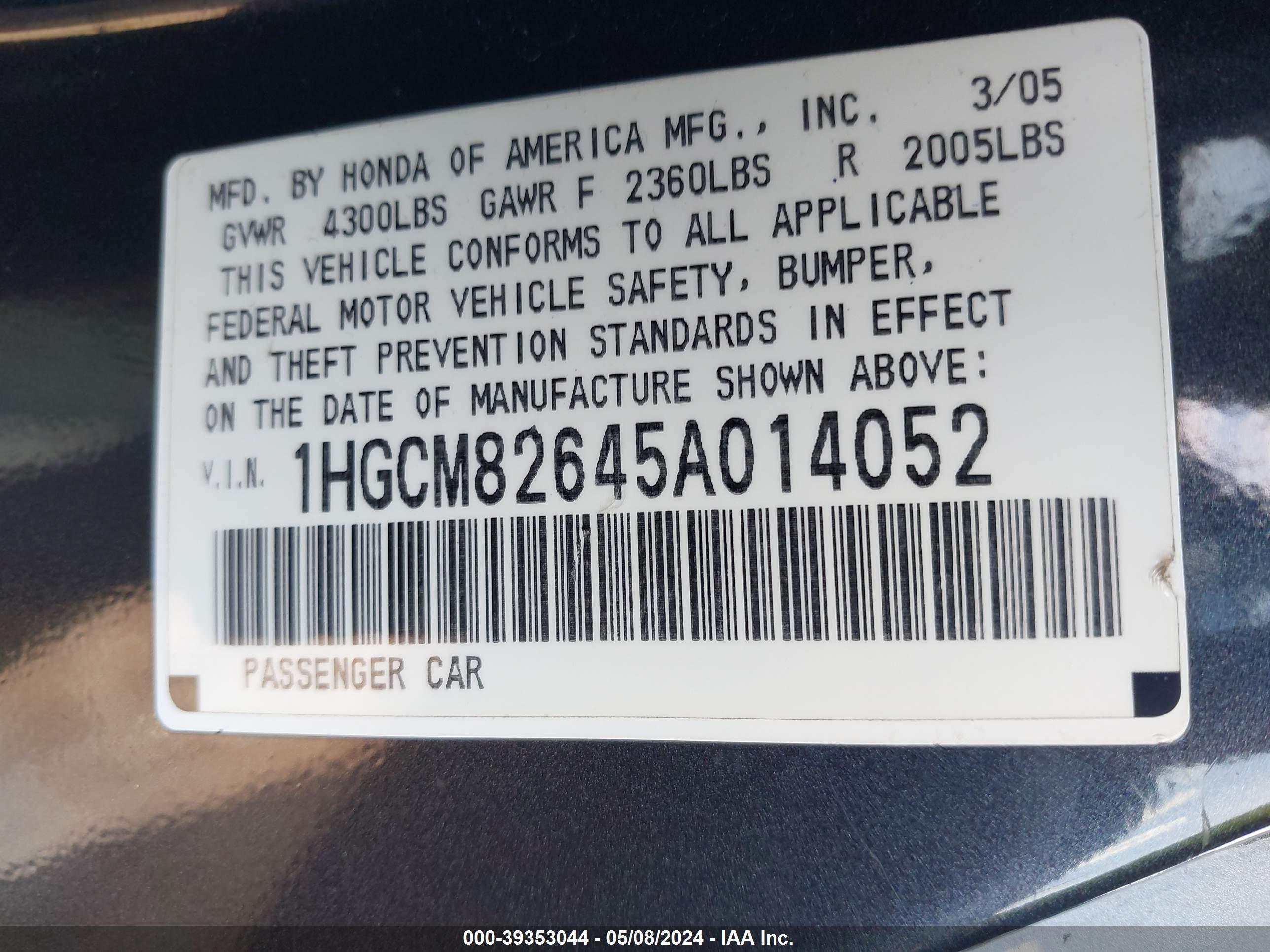 Photo 8 VIN: 1HGCM82645A014052 - HONDA ACCORD 