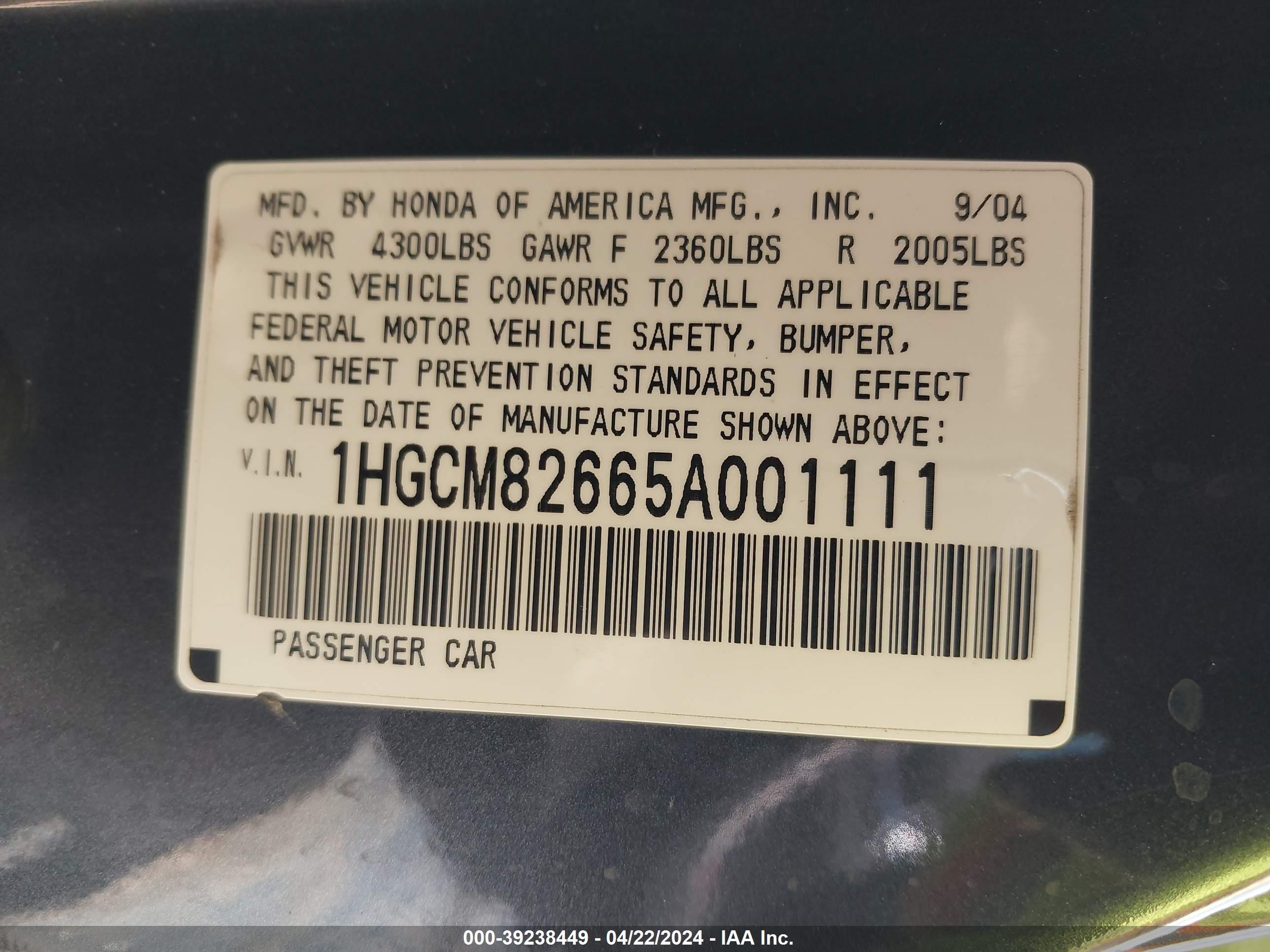 Photo 8 VIN: 1HGCM82665A001111 - HONDA ACCORD 