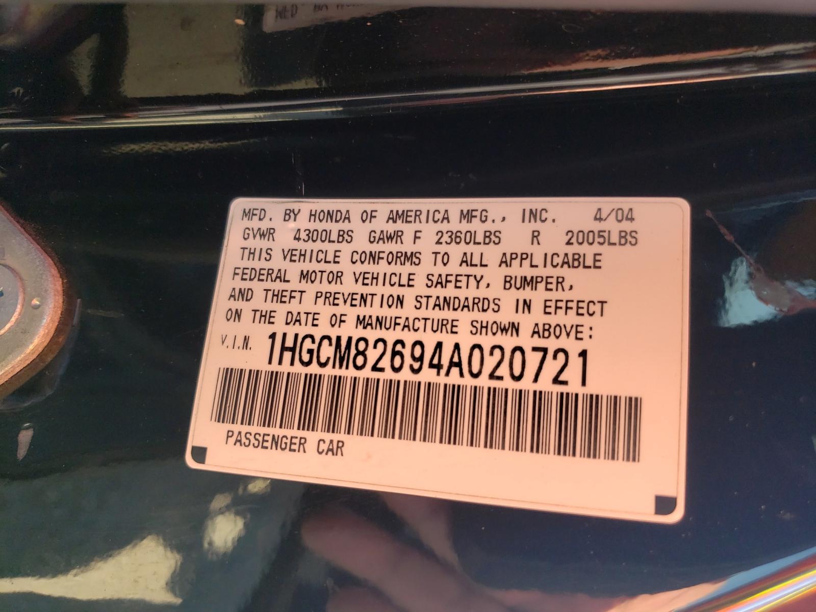 Photo 9 VIN: 1HGCM82694A020721 - HONDA ACCORD EX 