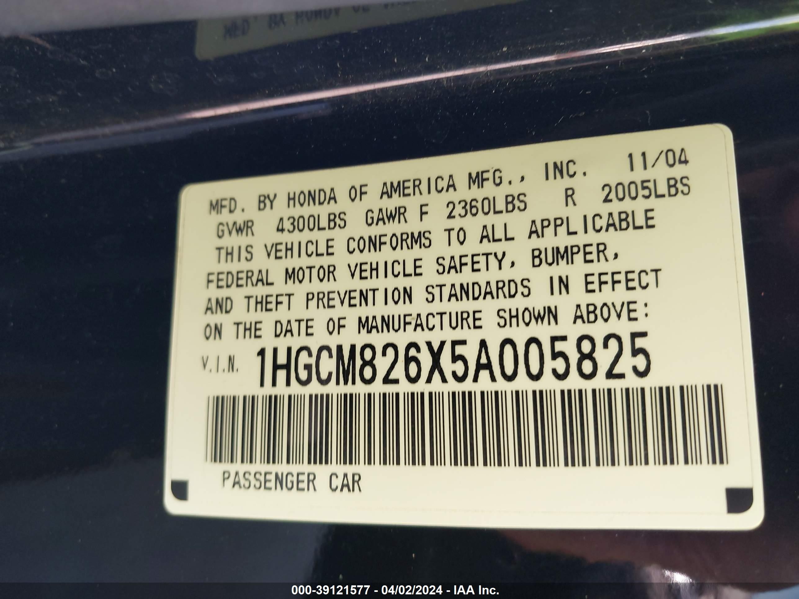 Photo 8 VIN: 1HGCM826X5A005825 - HONDA ACCORD 