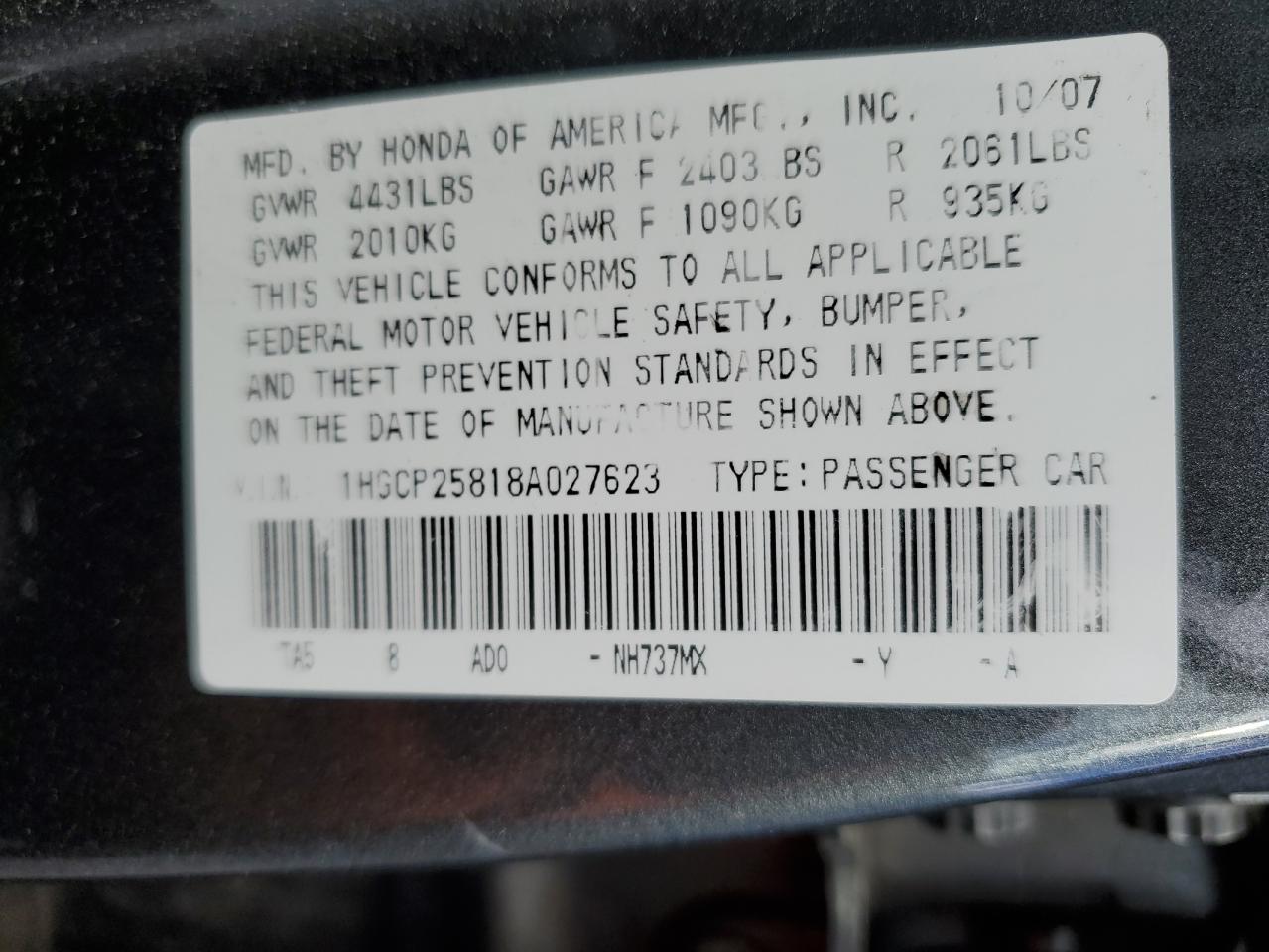 Photo 11 VIN: 1HGCP25818A027623 - HONDA ACCORD 