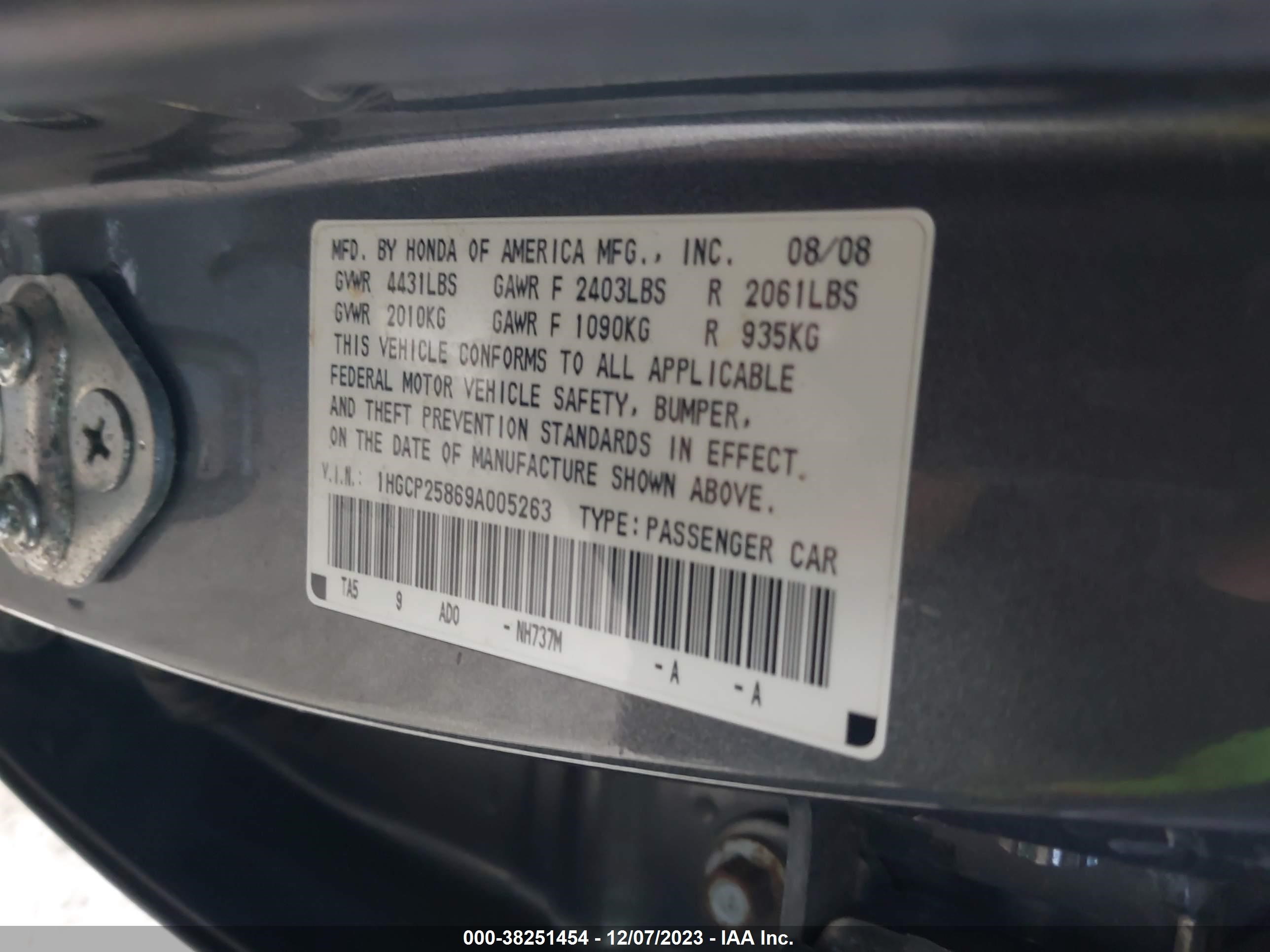 Photo 8 VIN: 1HGCP25869A005263 - HONDA ACCORD 