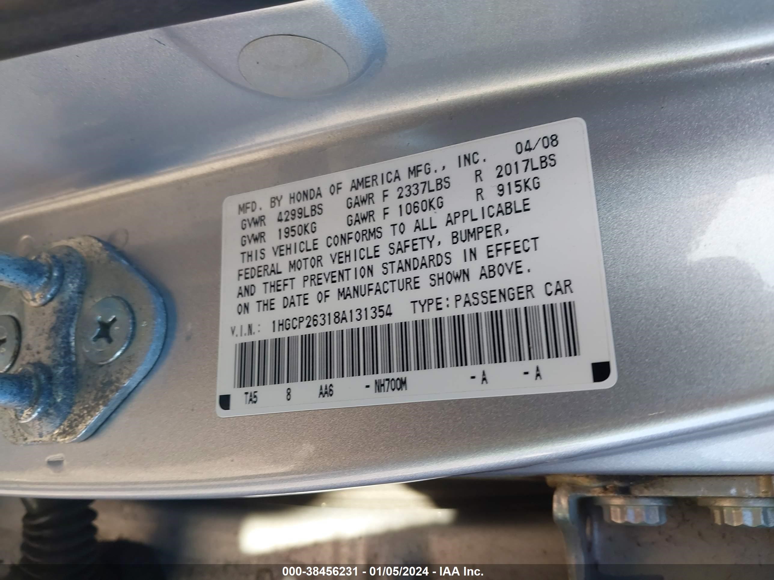 Photo 8 VIN: 1HGCP26318A131354 - HONDA ACCORD 