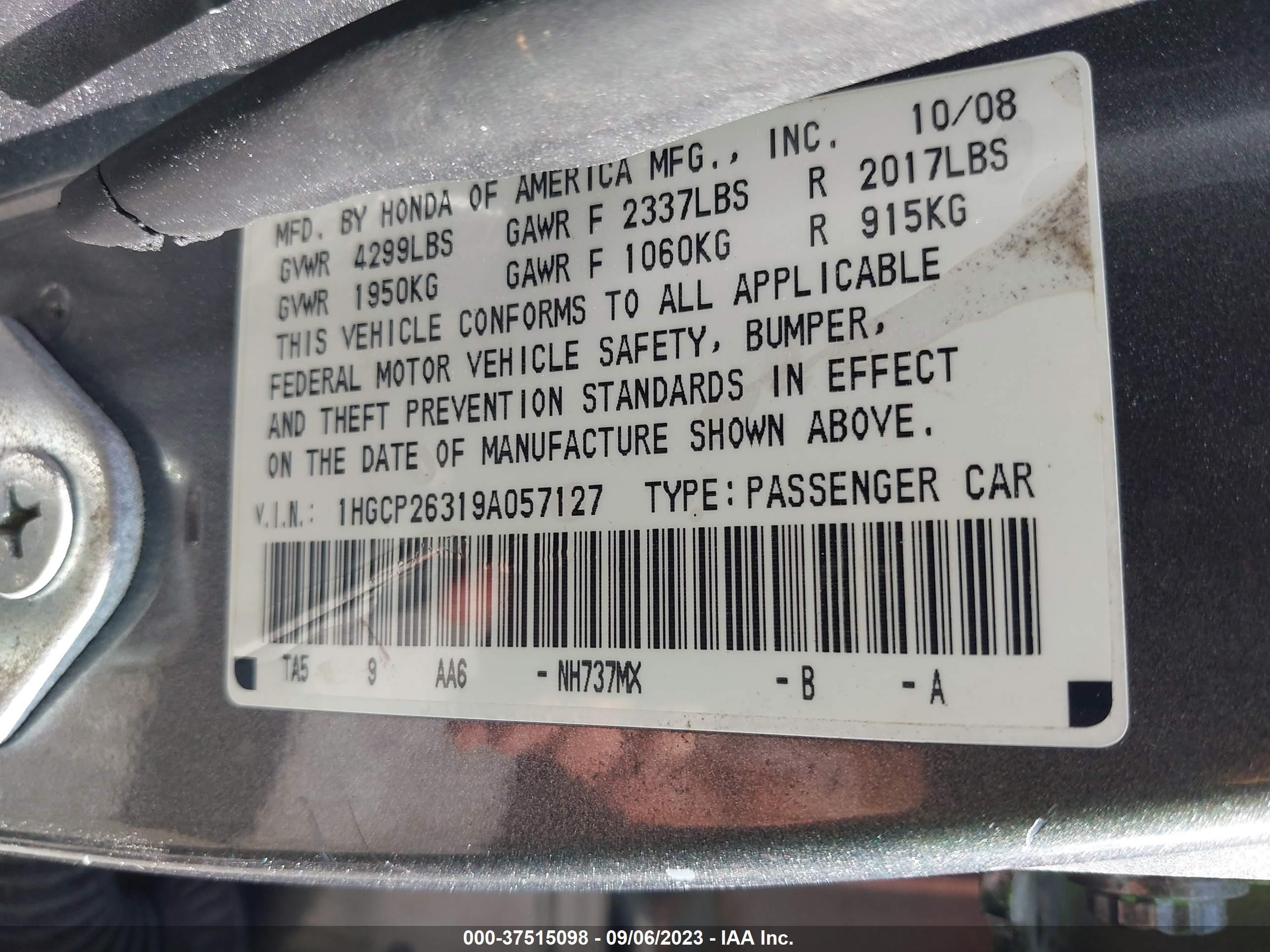 Photo 8 VIN: 1HGCP26319A057127 - HONDA ACCORD 