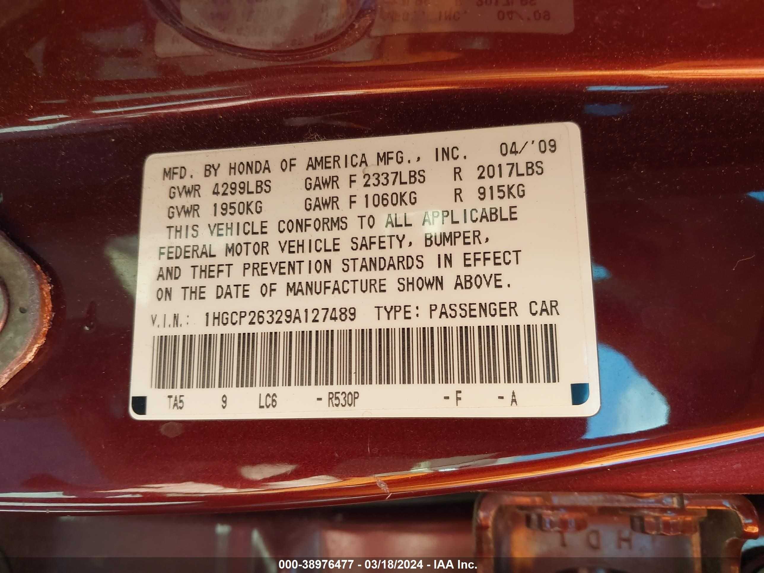 Photo 8 VIN: 1HGCP26329A127489 - HONDA ACCORD 