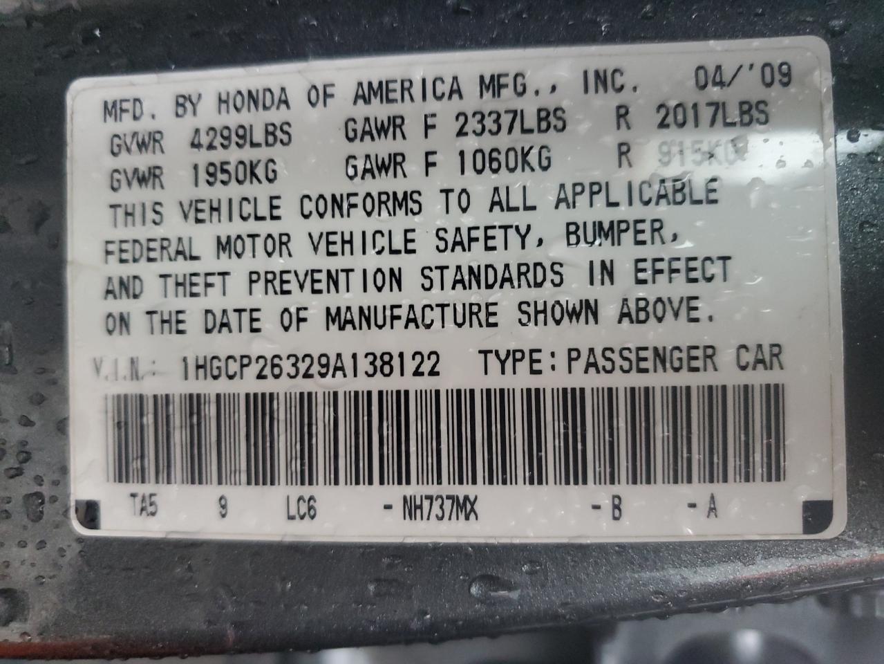 Photo 12 VIN: 1HGCP26329A138122 - HONDA ACCORD 