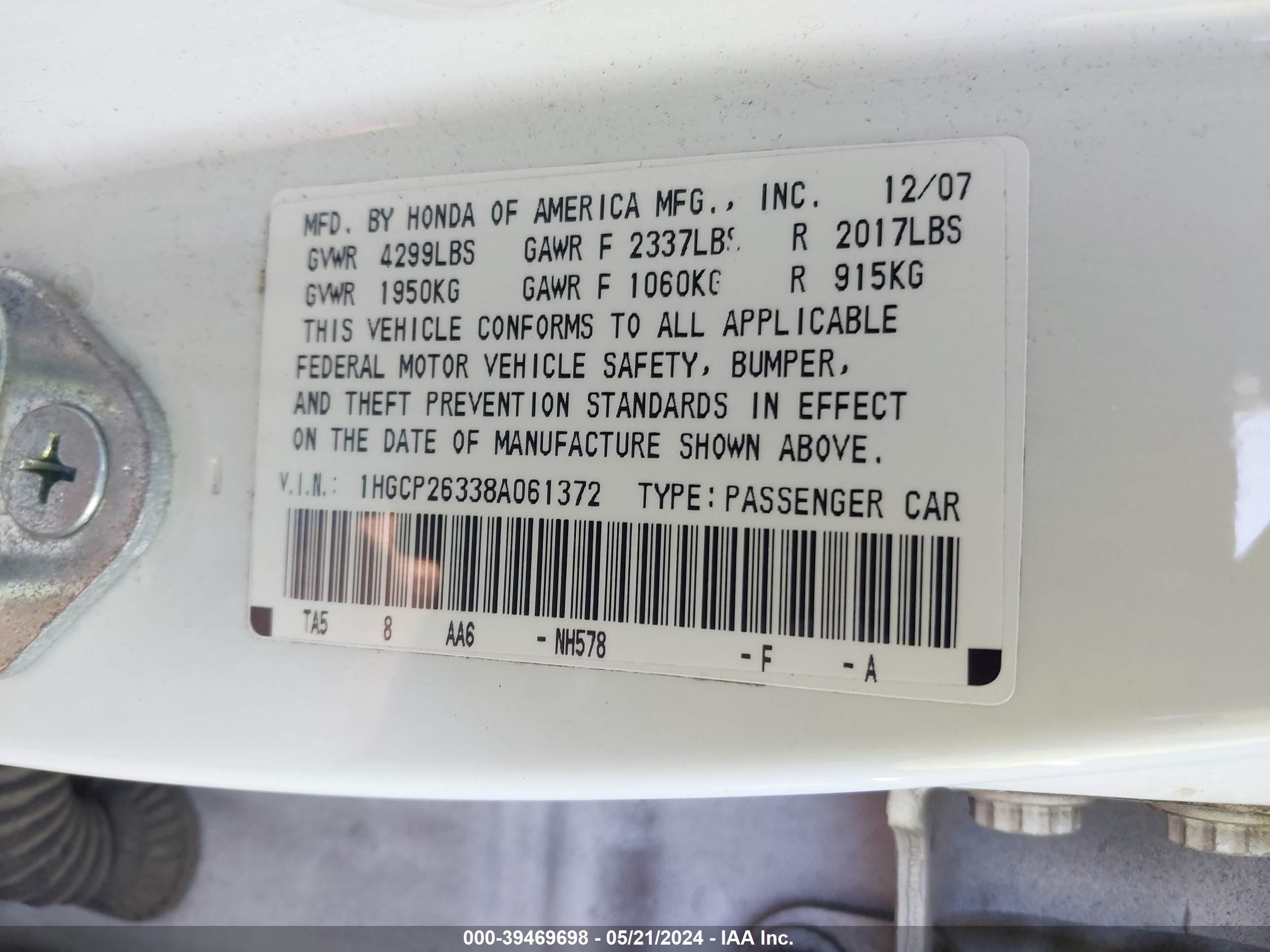 Photo 8 VIN: 1HGCP26338A061372 - HONDA ACCORD 