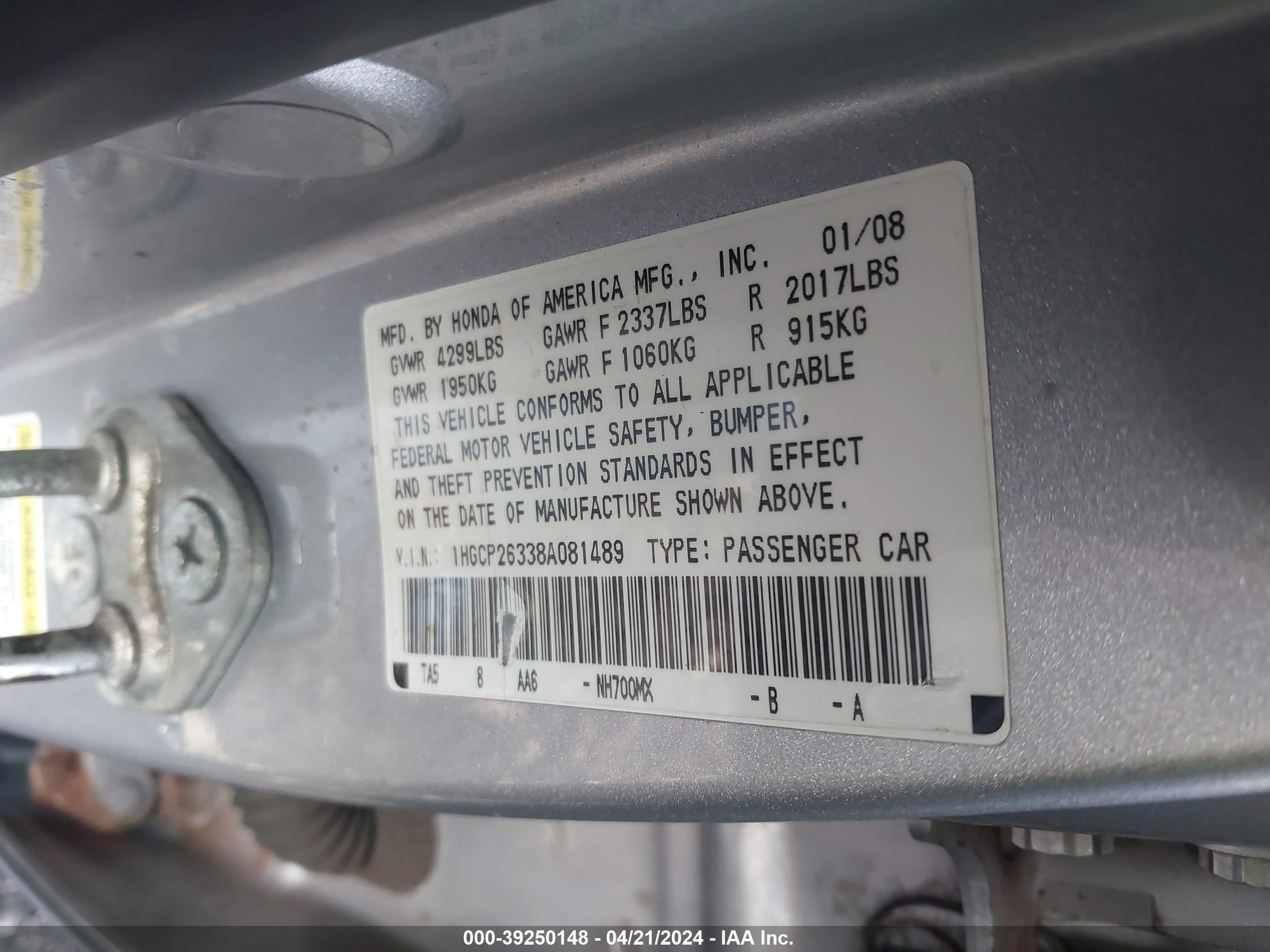 Photo 8 VIN: 1HGCP26338A081489 - HONDA ACCORD 