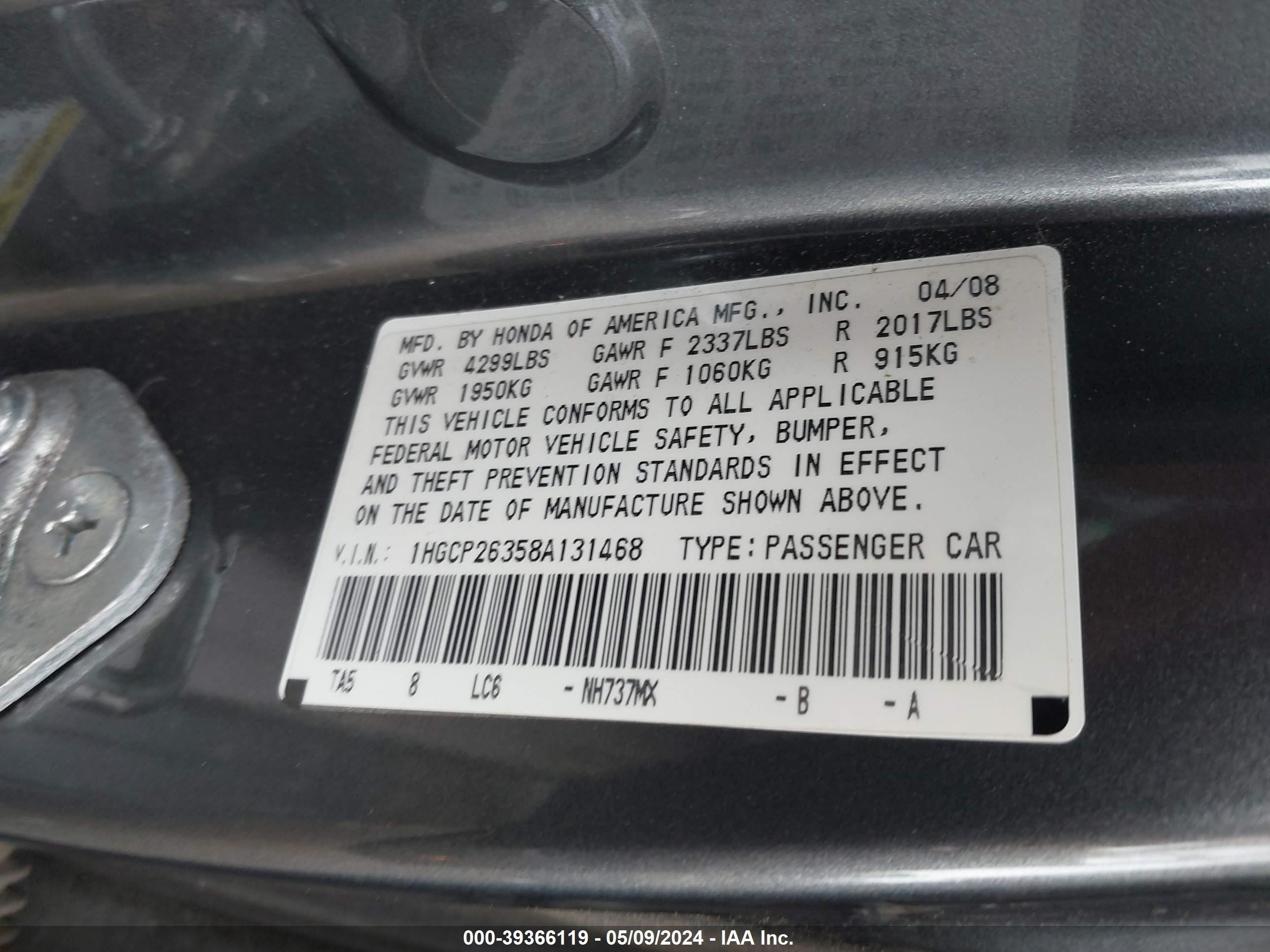 Photo 8 VIN: 1HGCP26358A131468 - HONDA ACCORD 