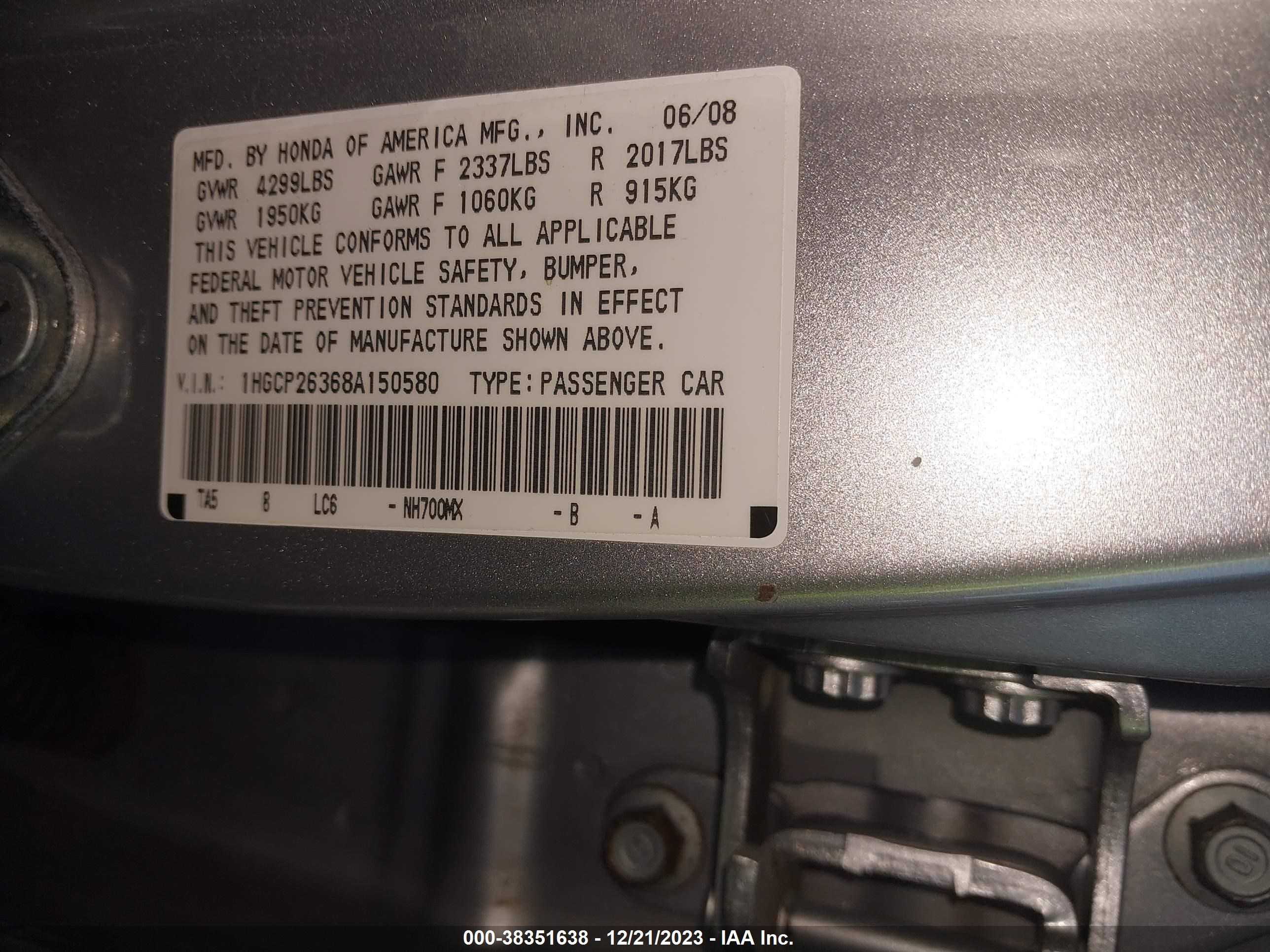 Photo 8 VIN: 1HGCP26368A150580 - HONDA ACCORD 