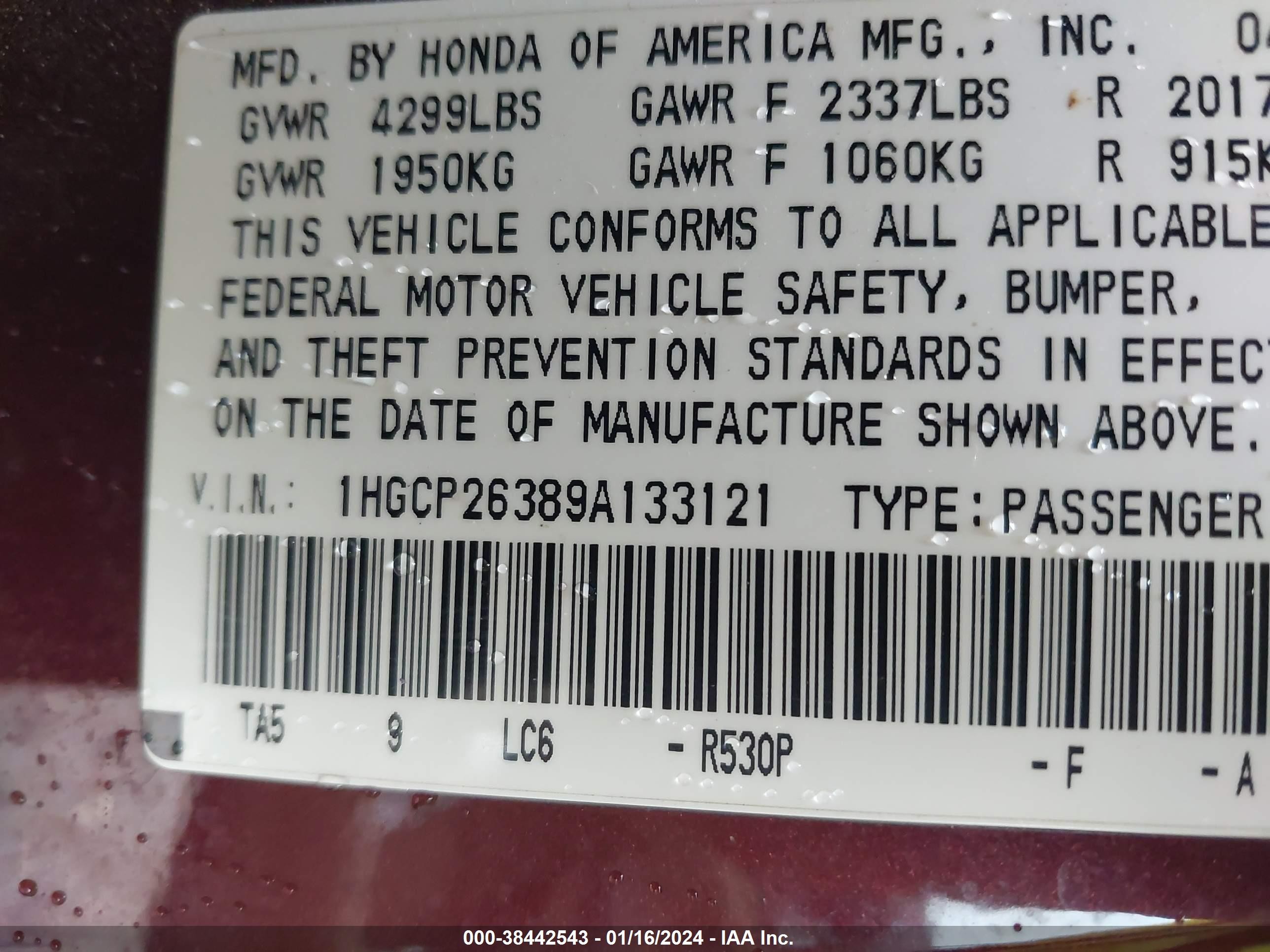 Photo 8 VIN: 1HGCP26389A133121 - HONDA ACCORD 