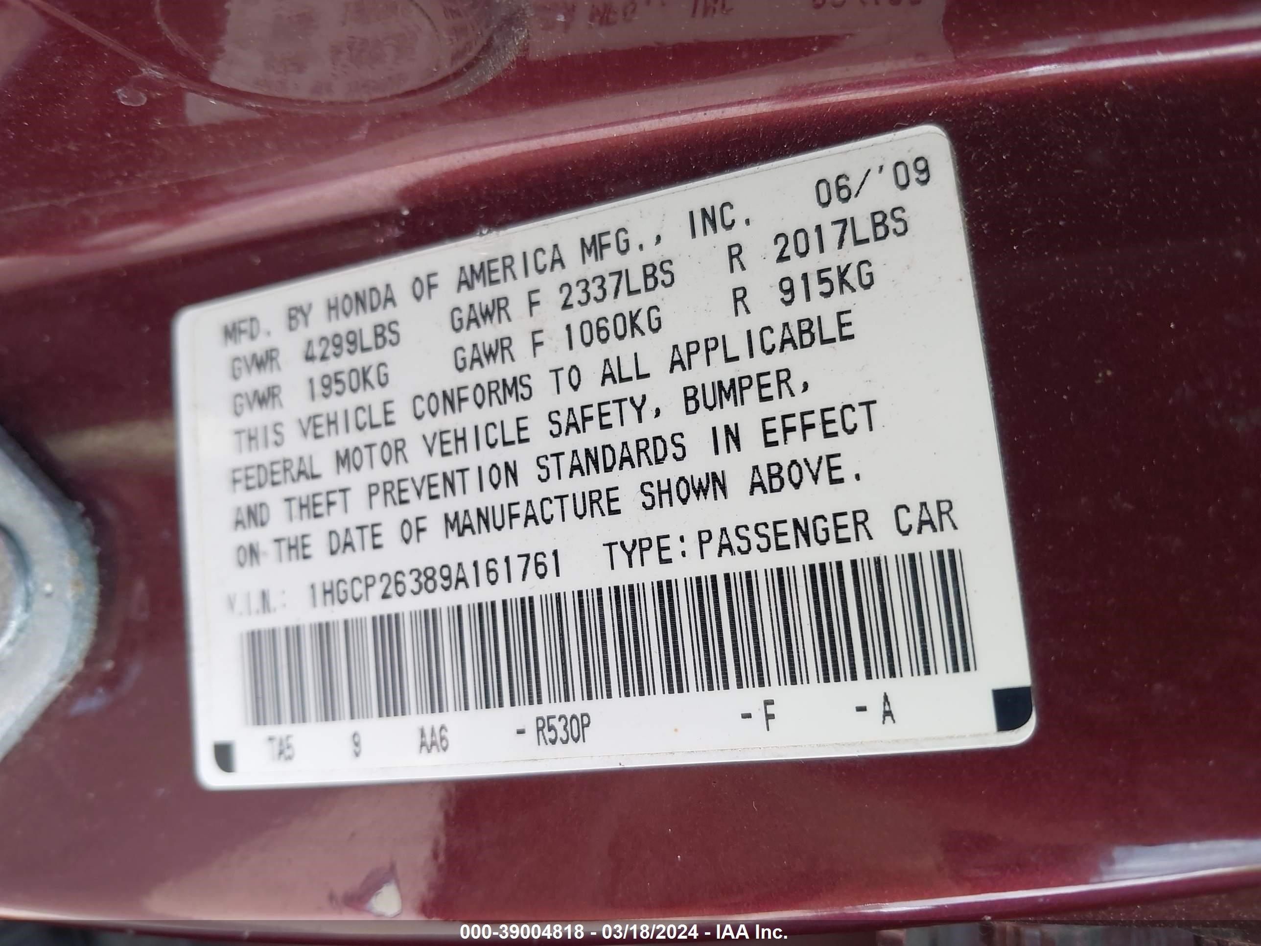 Photo 8 VIN: 1HGCP26389A161761 - HONDA ACCORD 