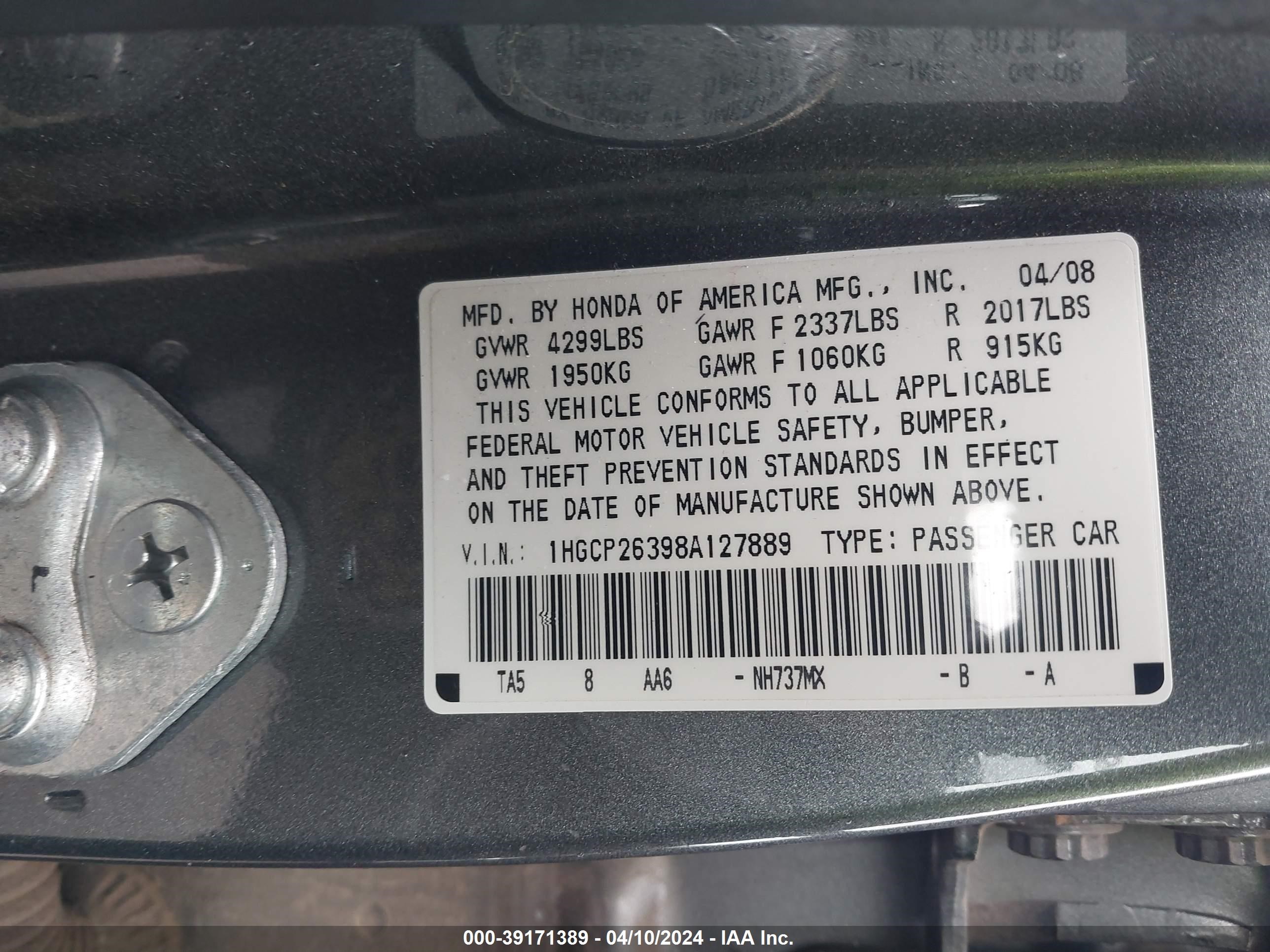 Photo 8 VIN: 1HGCP26398A127889 - HONDA ACCORD 