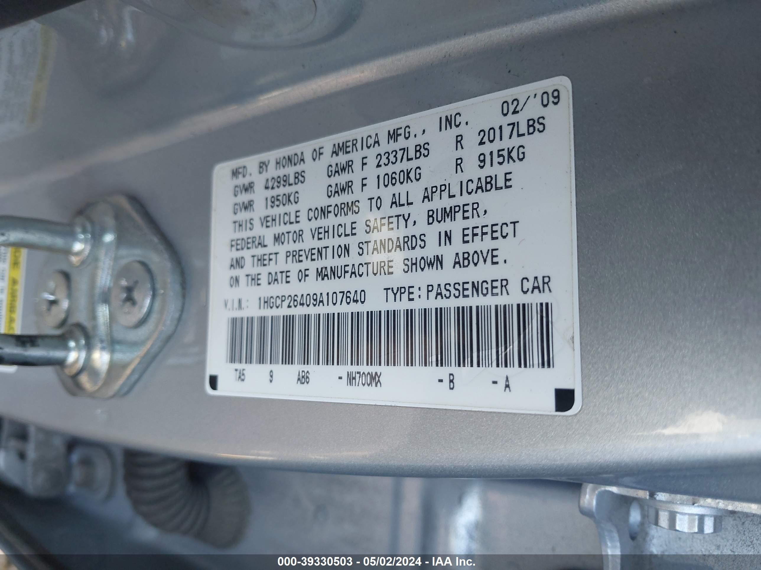 Photo 8 VIN: 1HGCP26409A107640 - HONDA ACCORD 