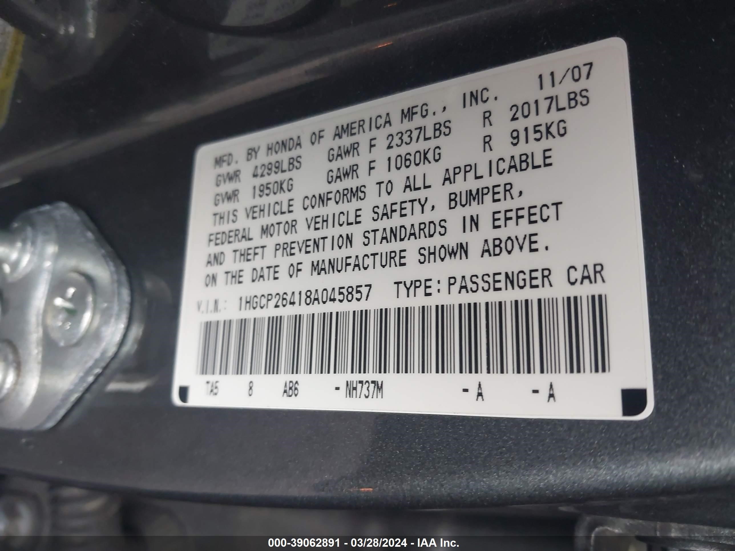 Photo 8 VIN: 1HGCP26418A045857 - HONDA ACCORD 