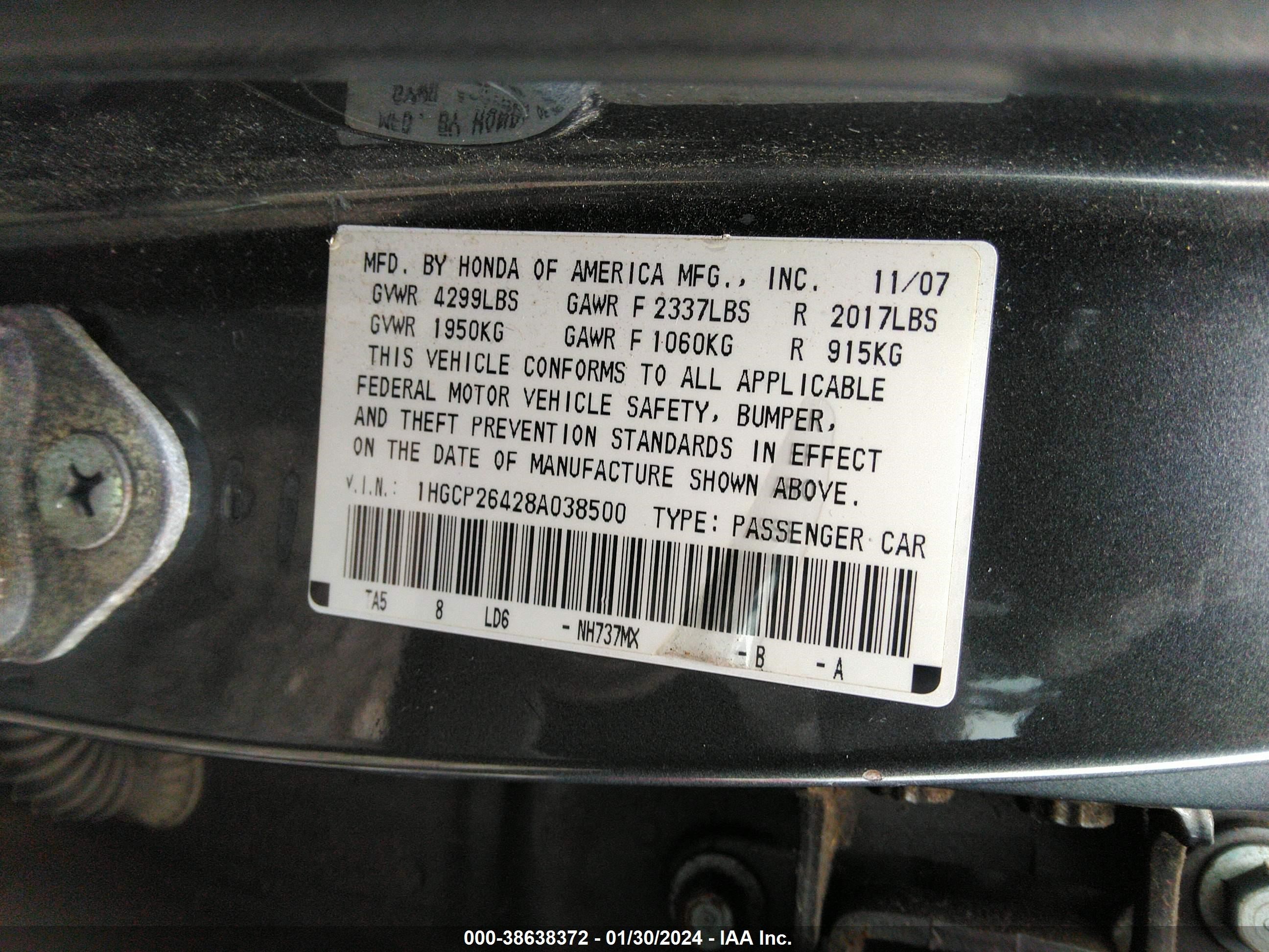 Photo 8 VIN: 1HGCP26428A038500 - HONDA ACCORD 