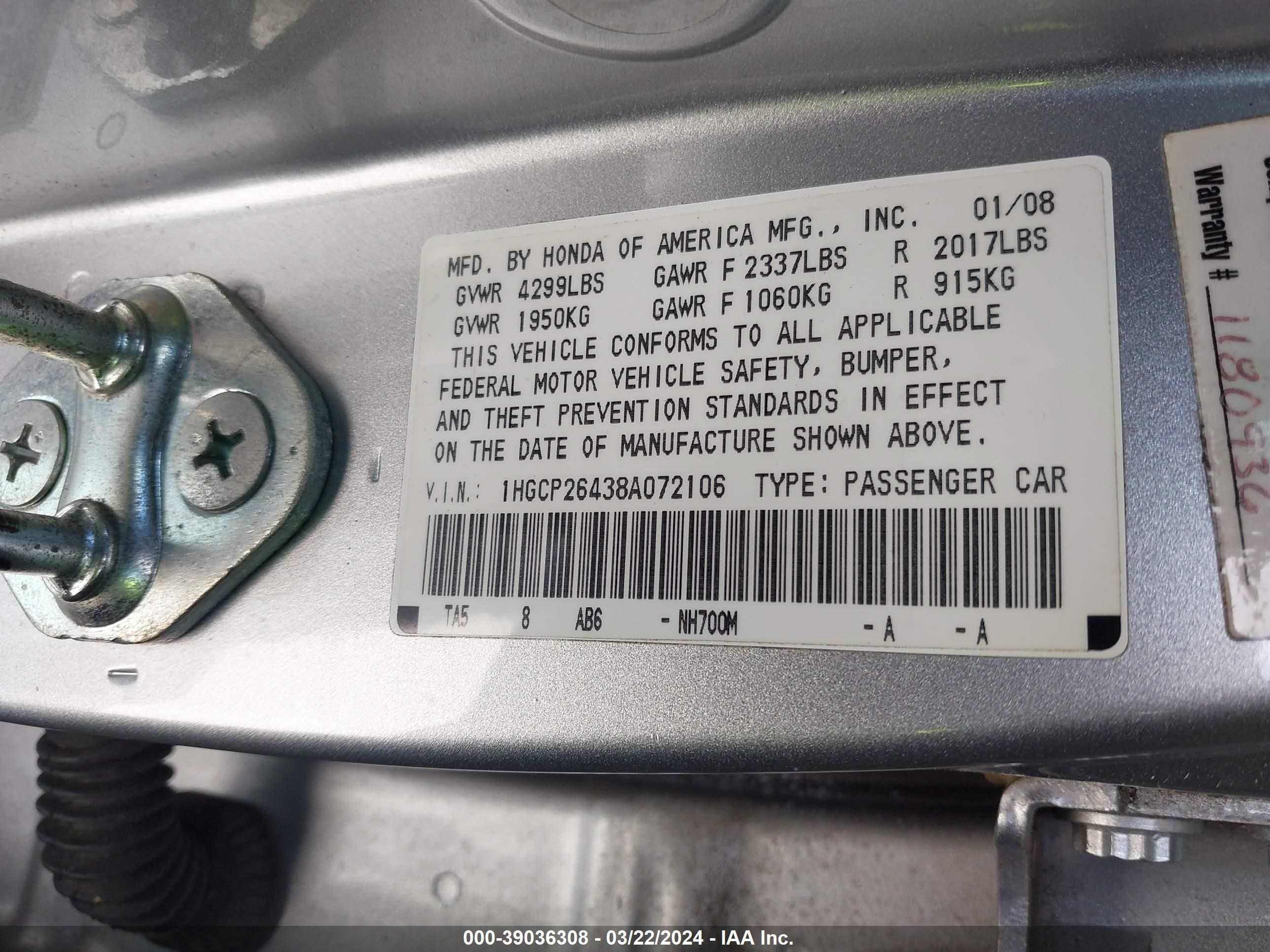 Photo 8 VIN: 1HGCP26438A072106 - HONDA ACCORD 