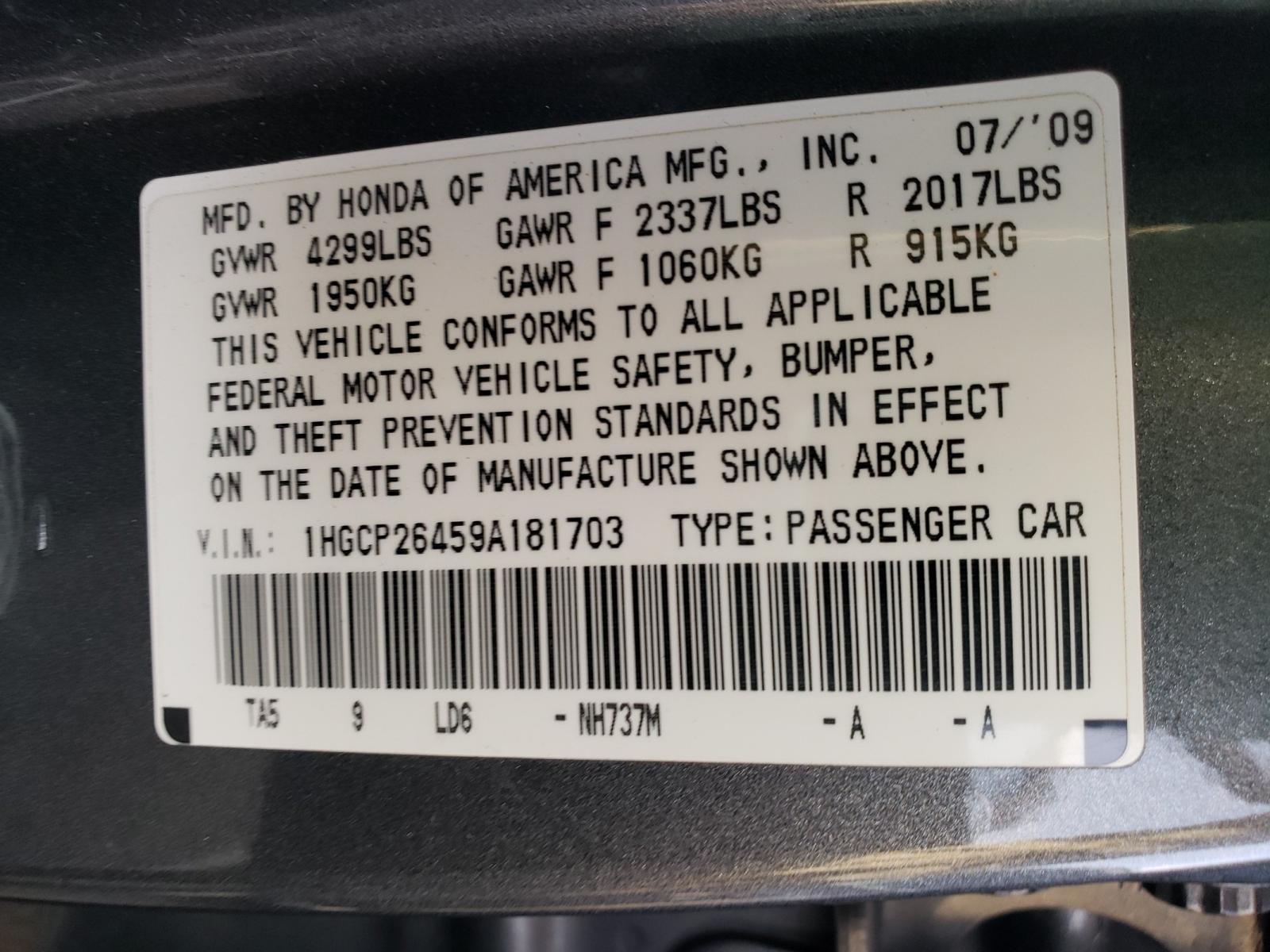 Photo 9 VIN: 1HGCP26459A181703 - HONDA ACCORD LXP 