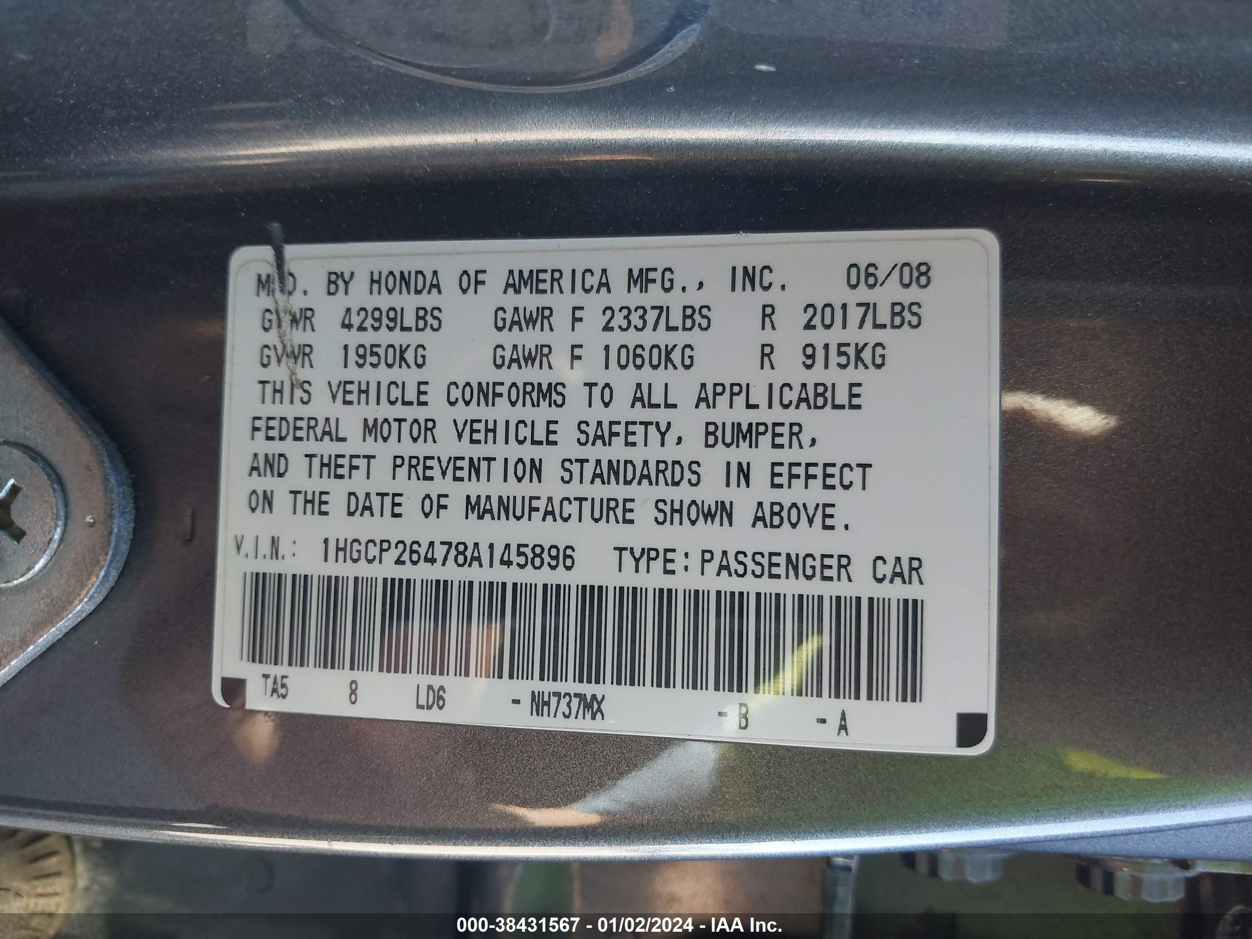 Photo 8 VIN: 1HGCP26478A145896 - HONDA ACCORD 