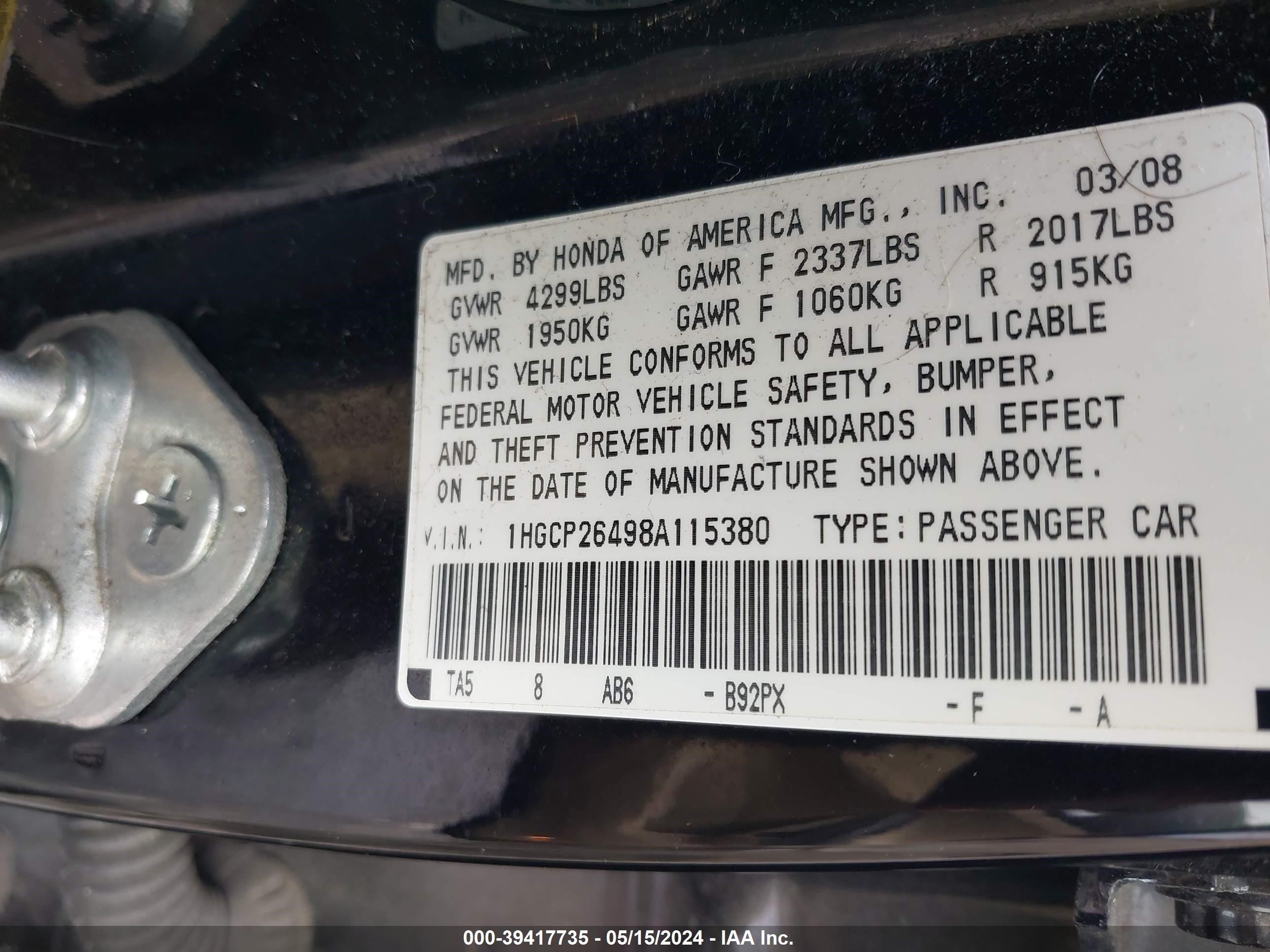 Photo 8 VIN: 1HGCP26498A115380 - HONDA ACCORD 