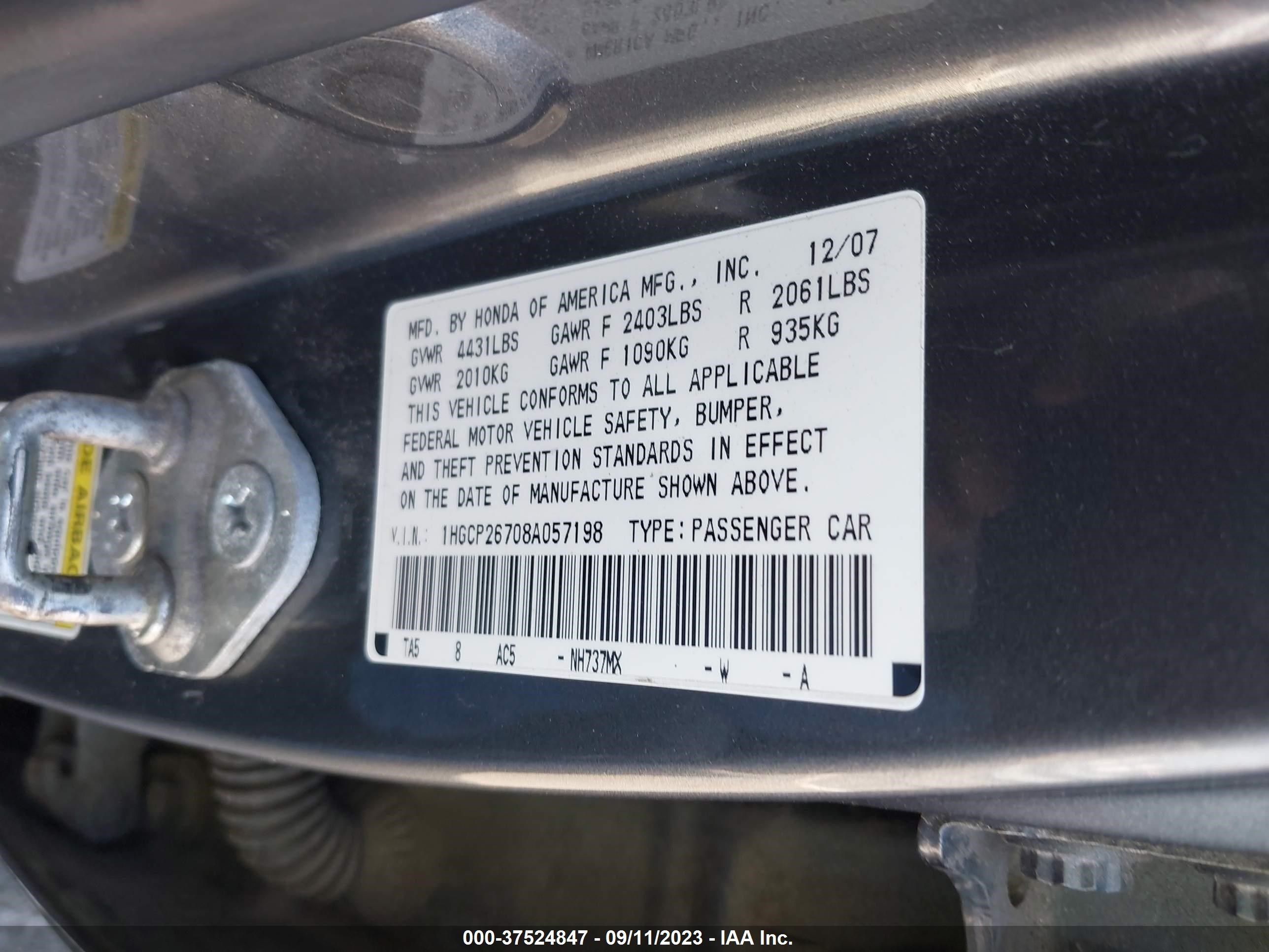 Photo 8 VIN: 1HGCP26708A057198 - HONDA ACCORD 