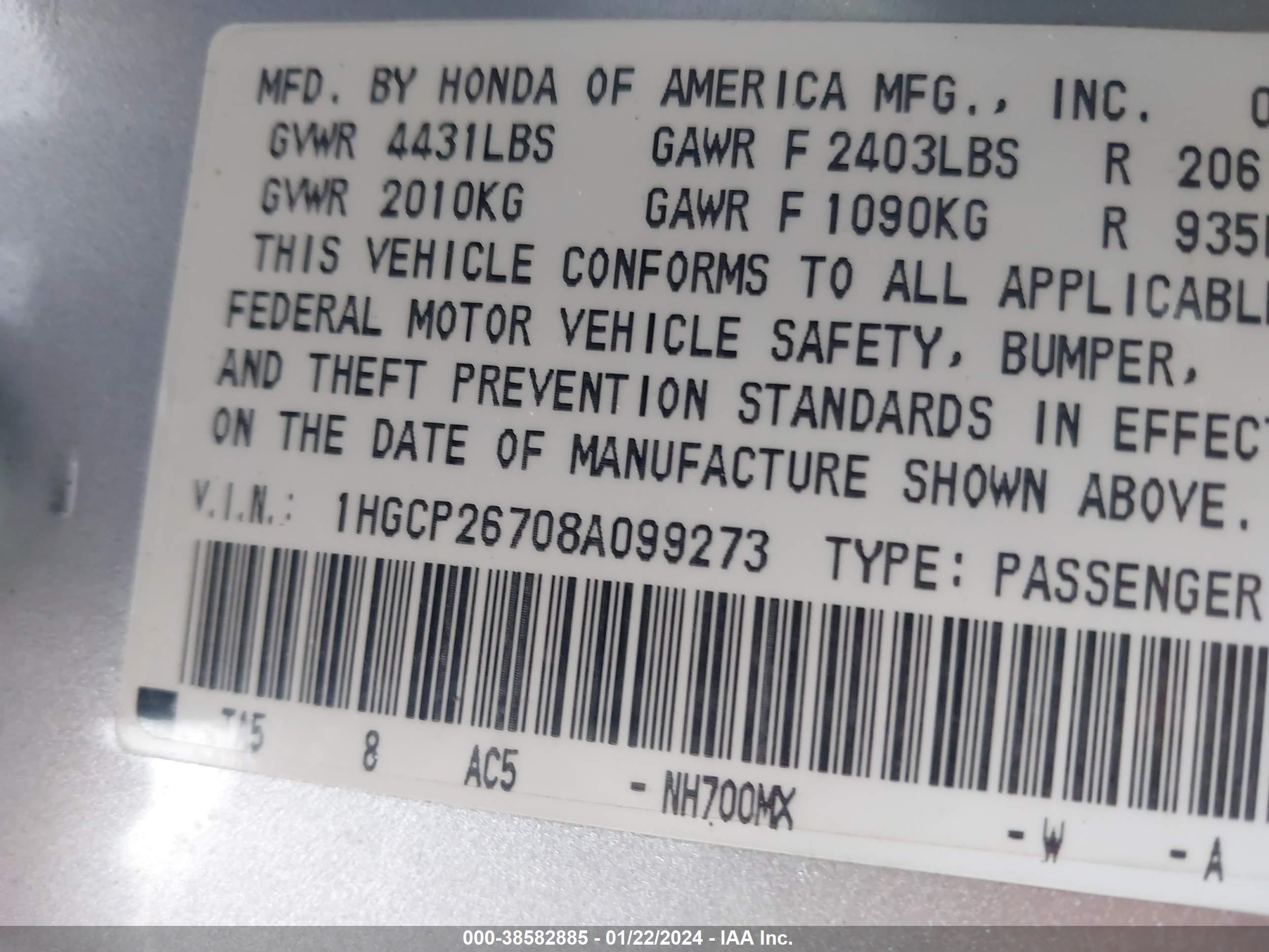 Photo 8 VIN: 1HGCP26708A099273 - HONDA ACCORD 