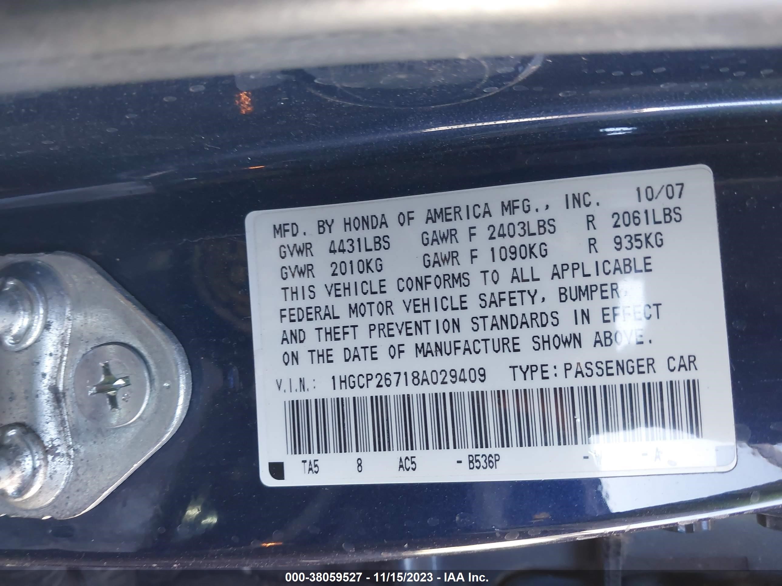 Photo 8 VIN: 1HGCP26718A029409 - HONDA ACCORD 