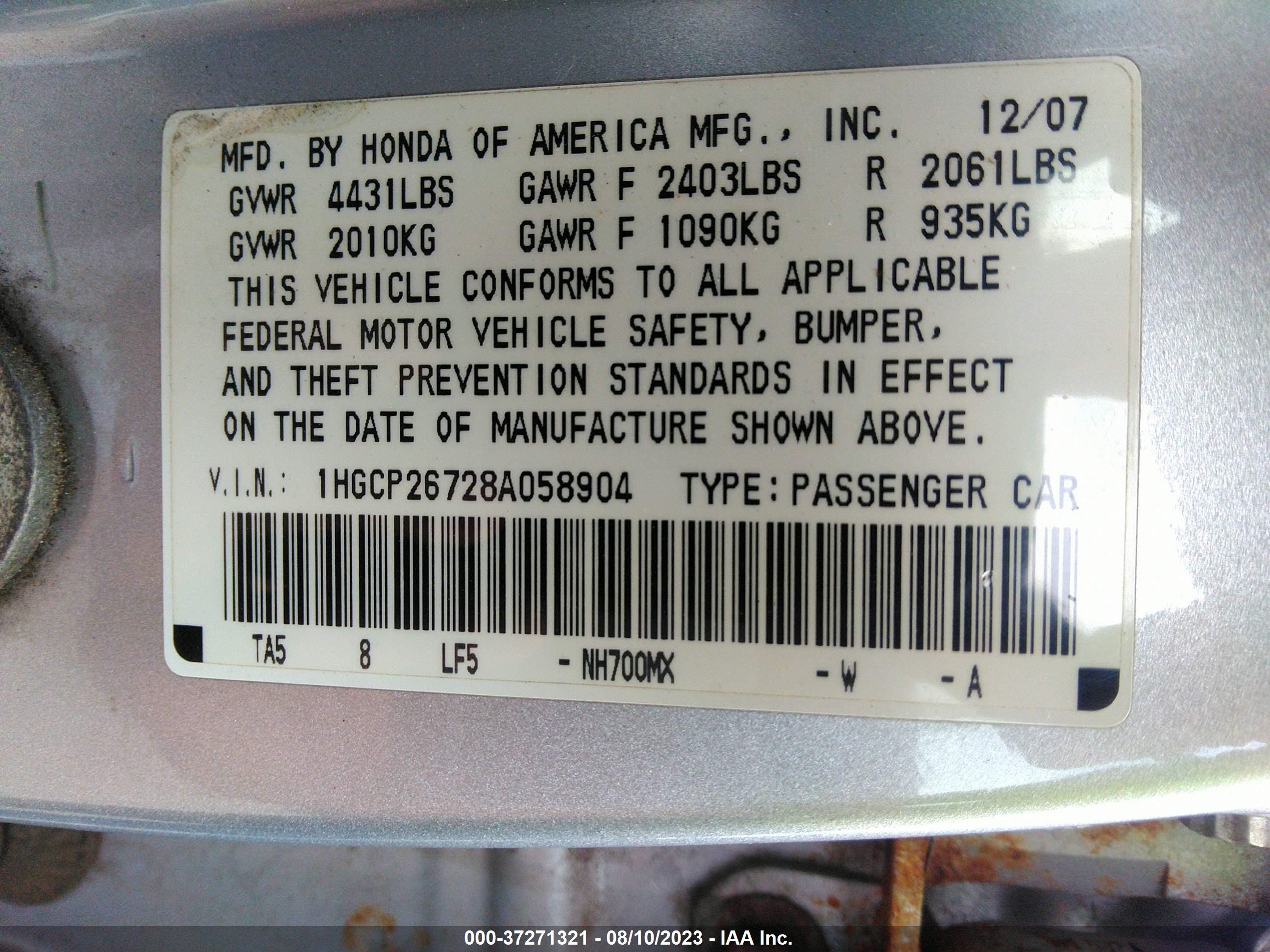 Photo 8 VIN: 1HGCP26728A058904 - HONDA ACCORD 