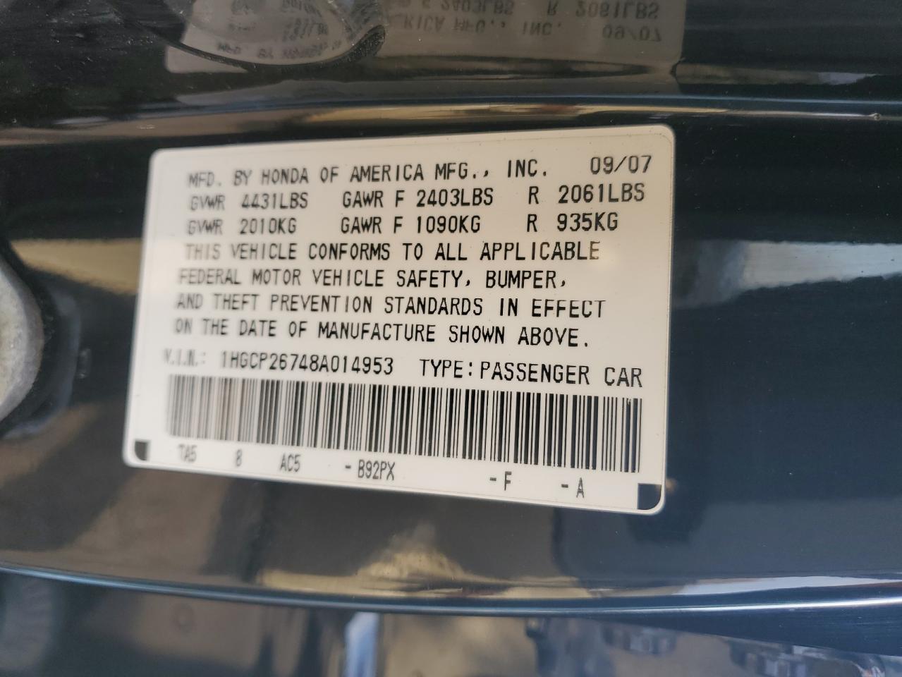 Photo 12 VIN: 1HGCP26748A014953 - HONDA ACCORD 