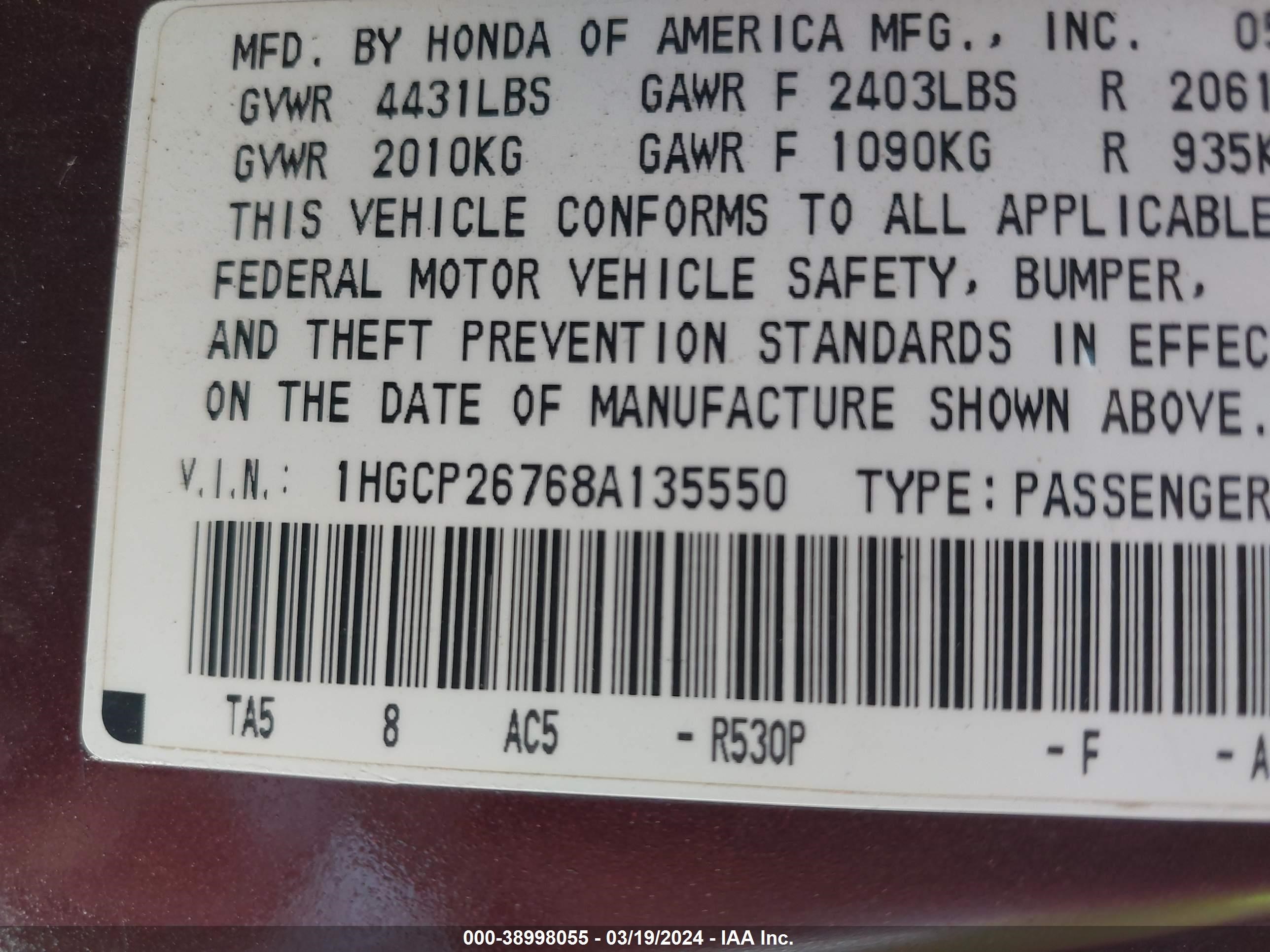 Photo 8 VIN: 1HGCP26768A135550 - HONDA ACCORD 