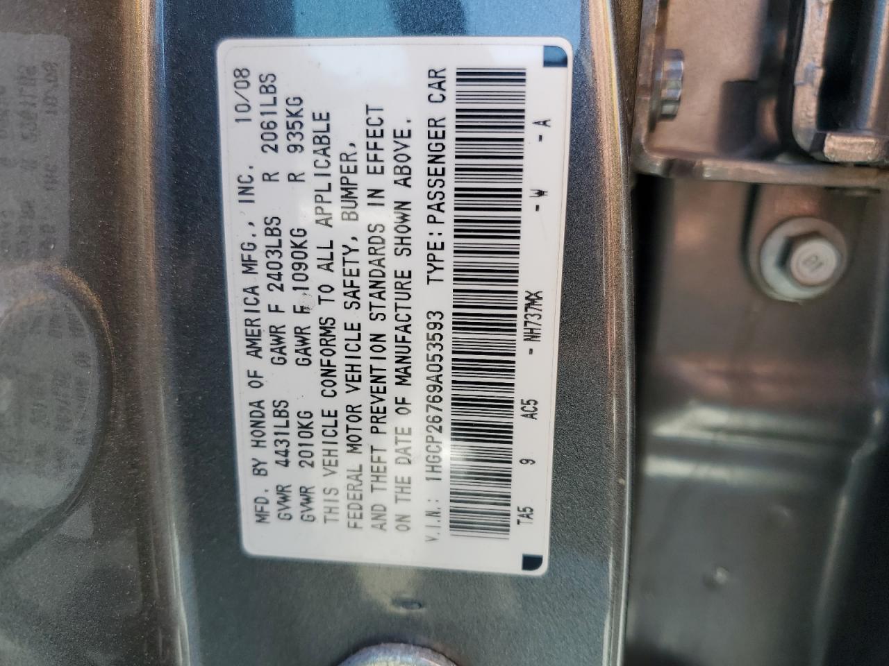 Photo 11 VIN: 1HGCP26769A053593 - HONDA ACCORD 