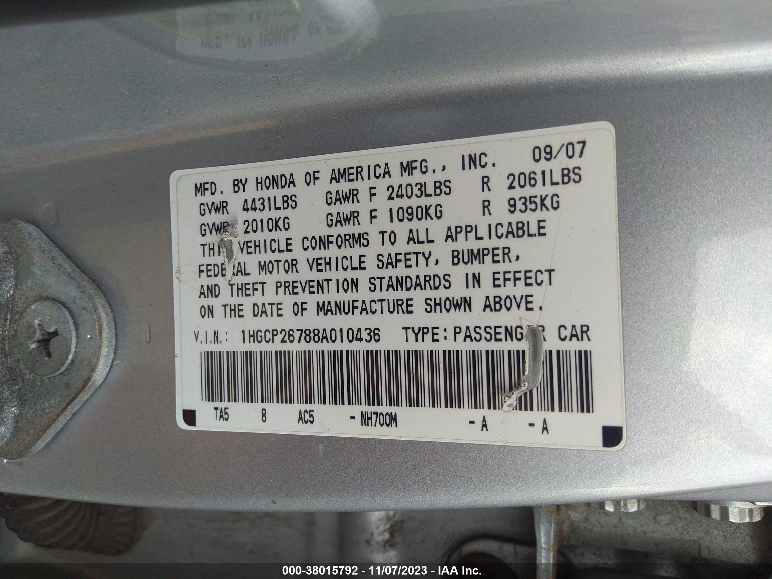 Photo 8 VIN: 1HGCP26788A010436 - HONDA ACCORD 