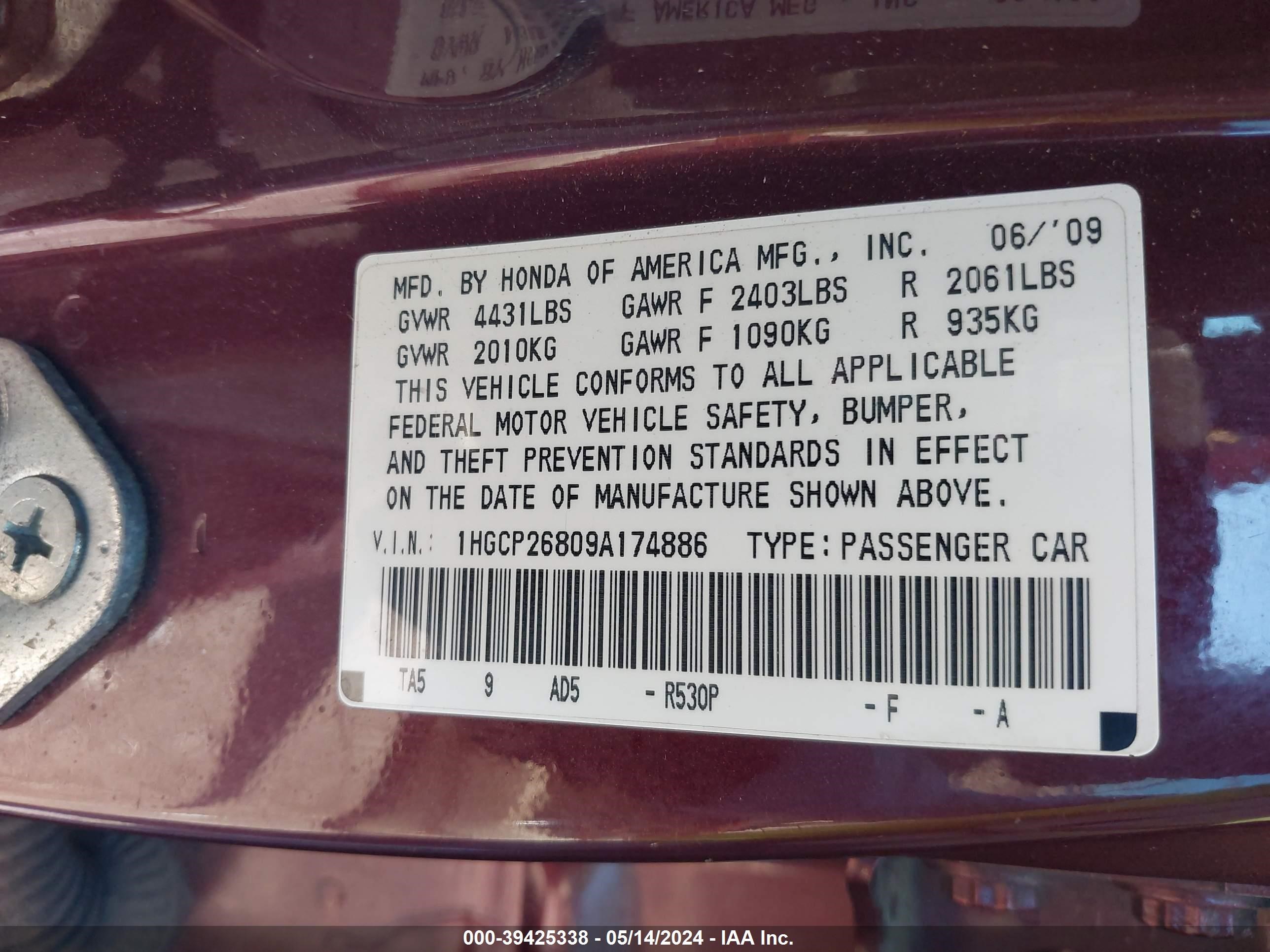 Photo 8 VIN: 1HGCP26809A174886 - HONDA ACCORD 