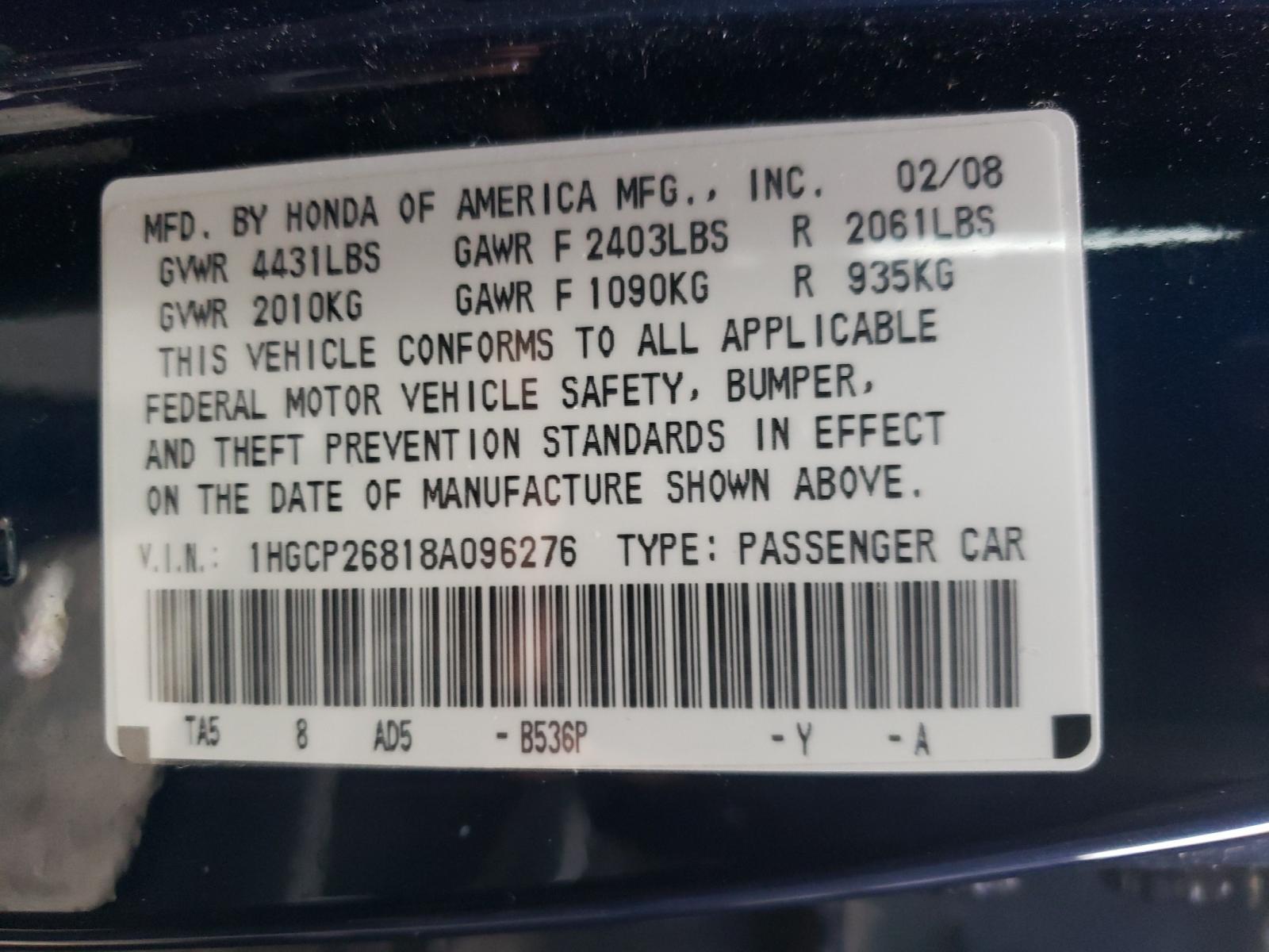 Photo 9 VIN: 1HGCP26818A096276 - HONDA ACCORD EXL 