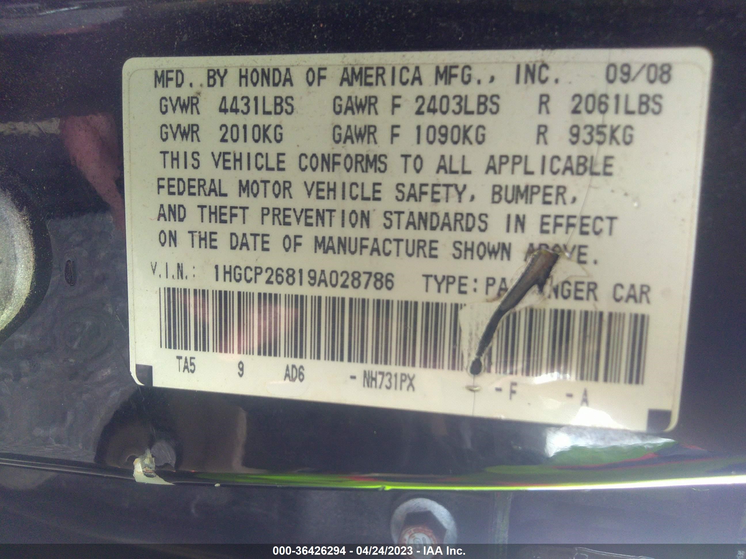 Photo 8 VIN: 1HGCP26819A028786 - HONDA ACCORD 